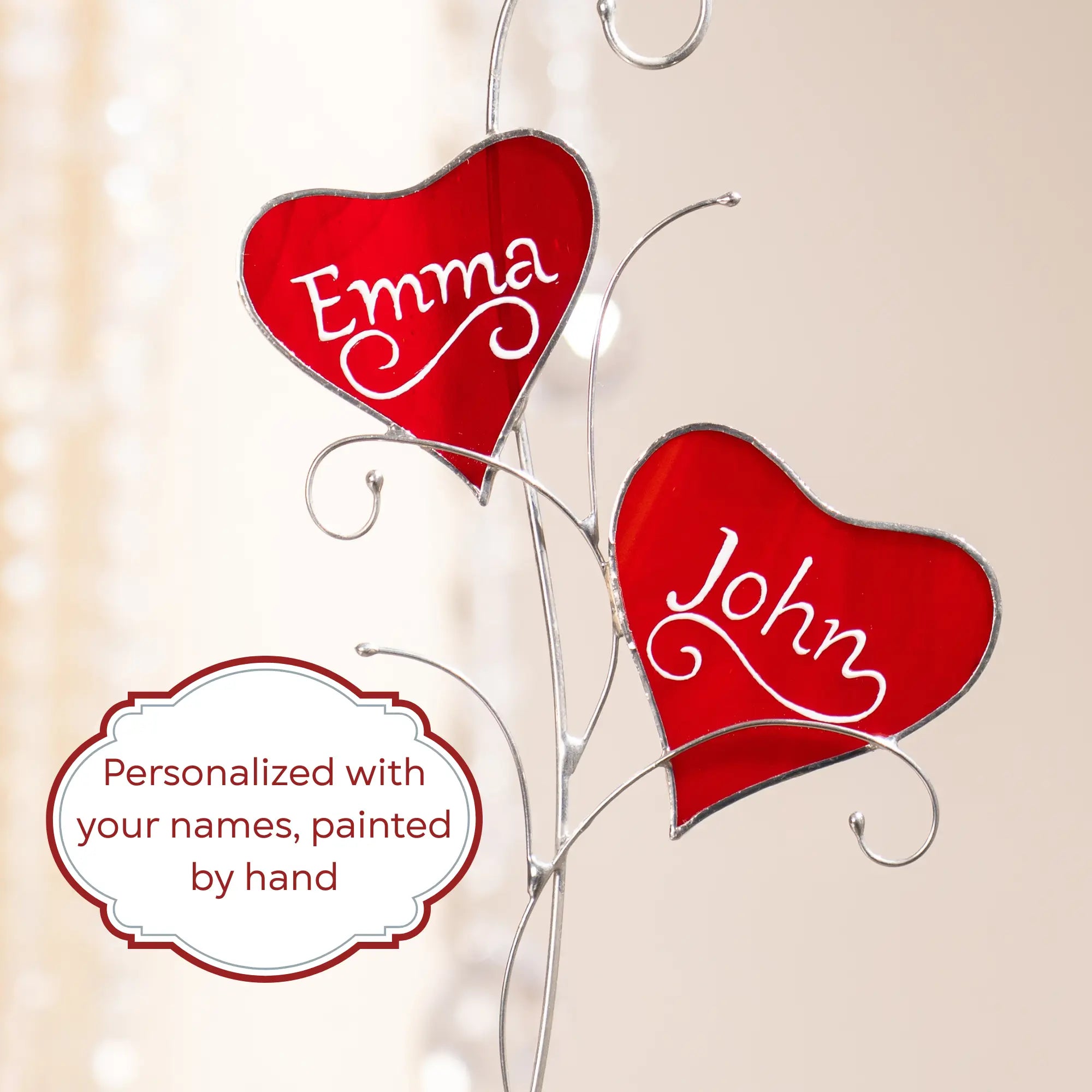 Pair of Red Hearts with Personalization - Stained Glass Suncatcher