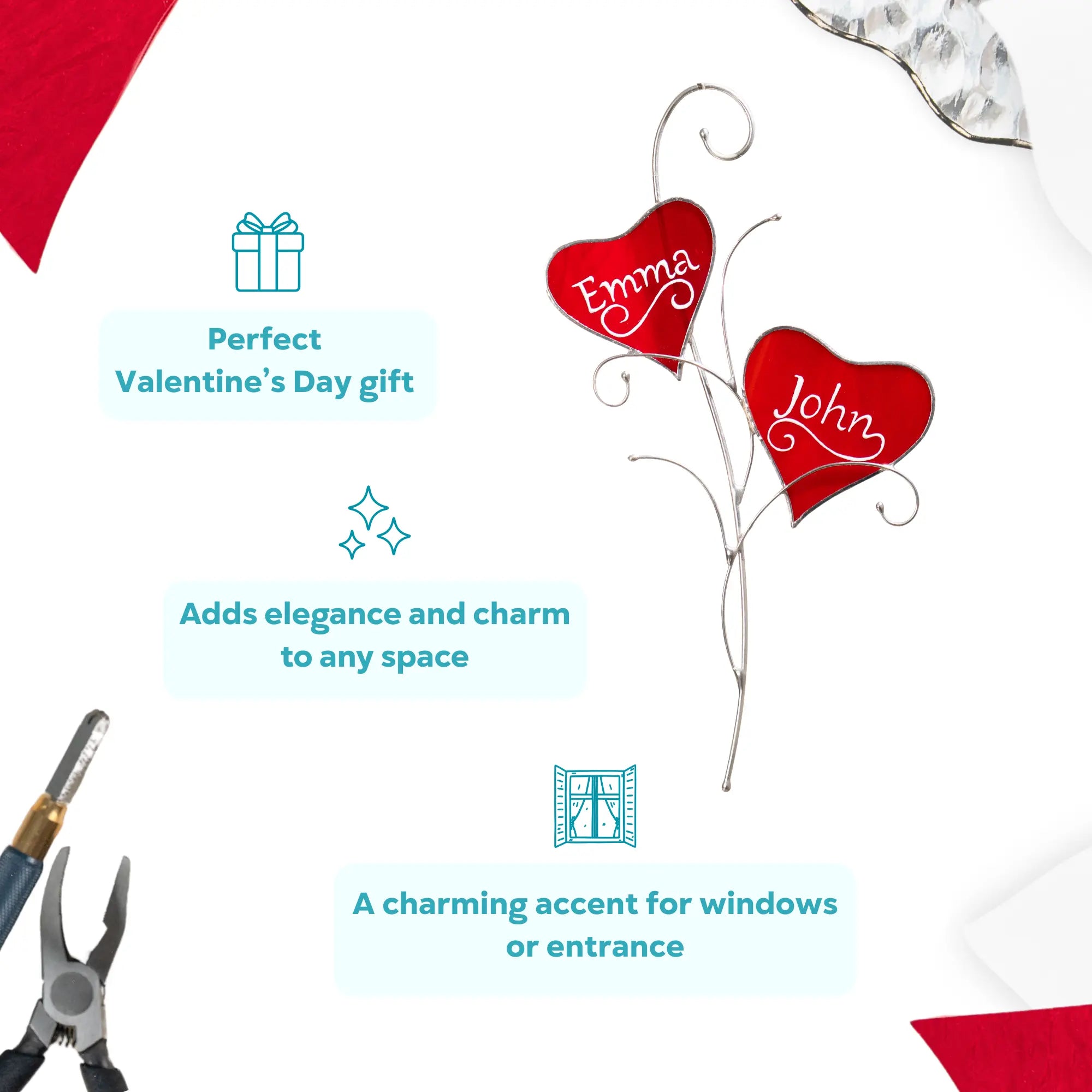 Pair of Red Hearts with Personalization - Stained Glass Suncatcher