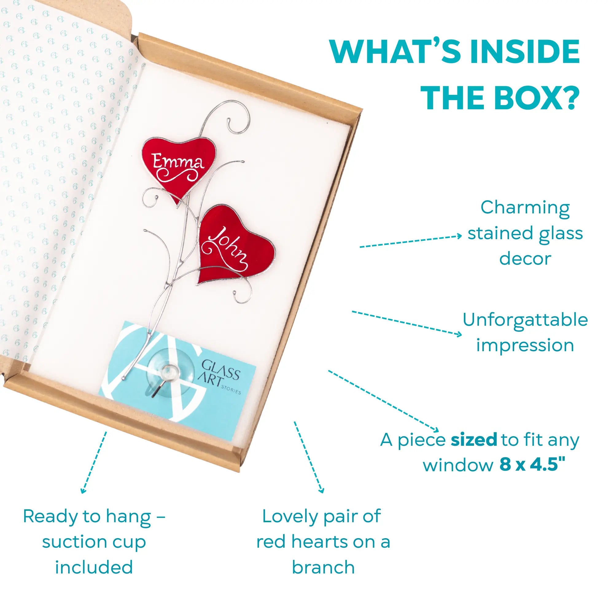 Pair of Red Hearts with Personalization - Stained Glass Suncatcher