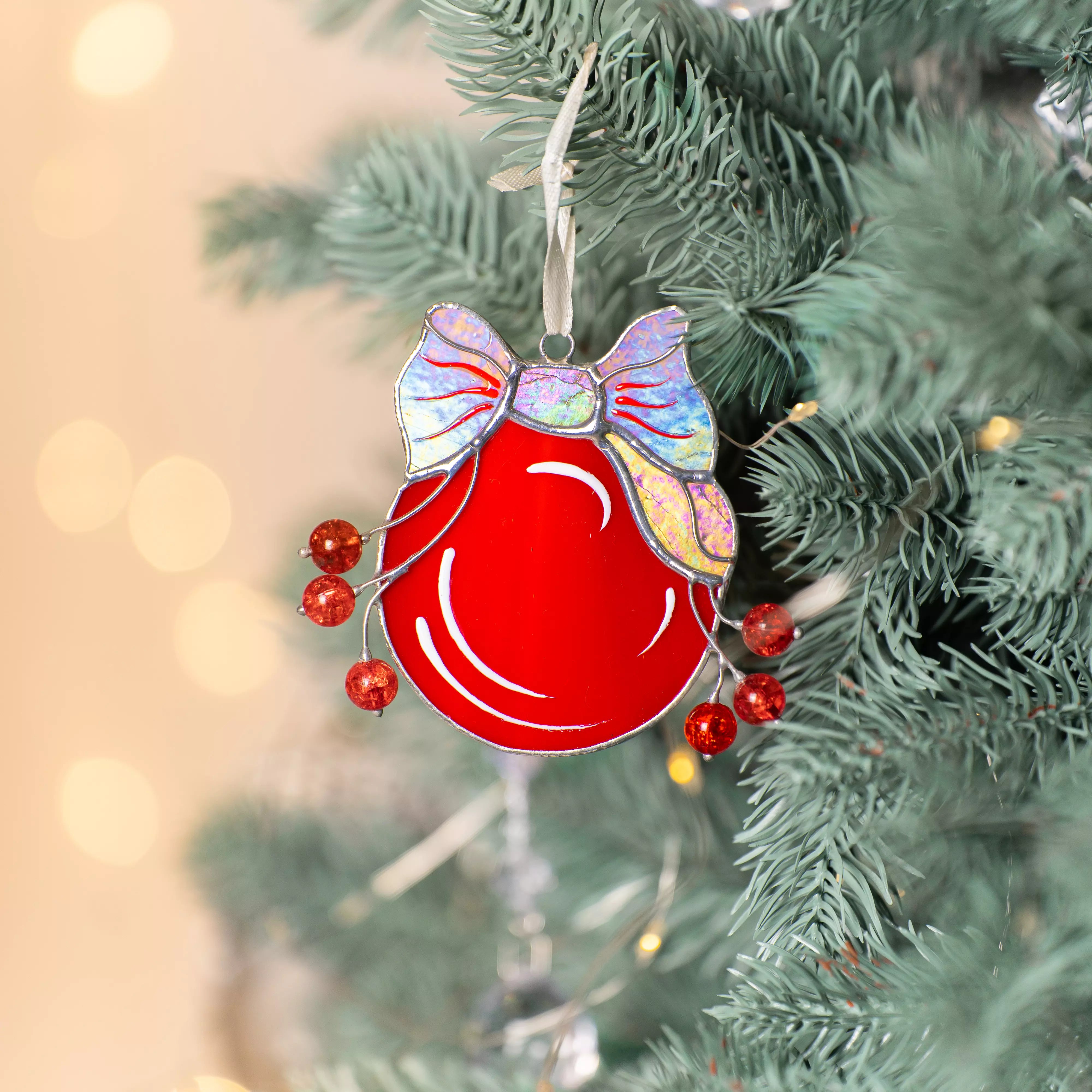 Red Christmas Ball with Iridescent Bow - Stained Glass Ornament