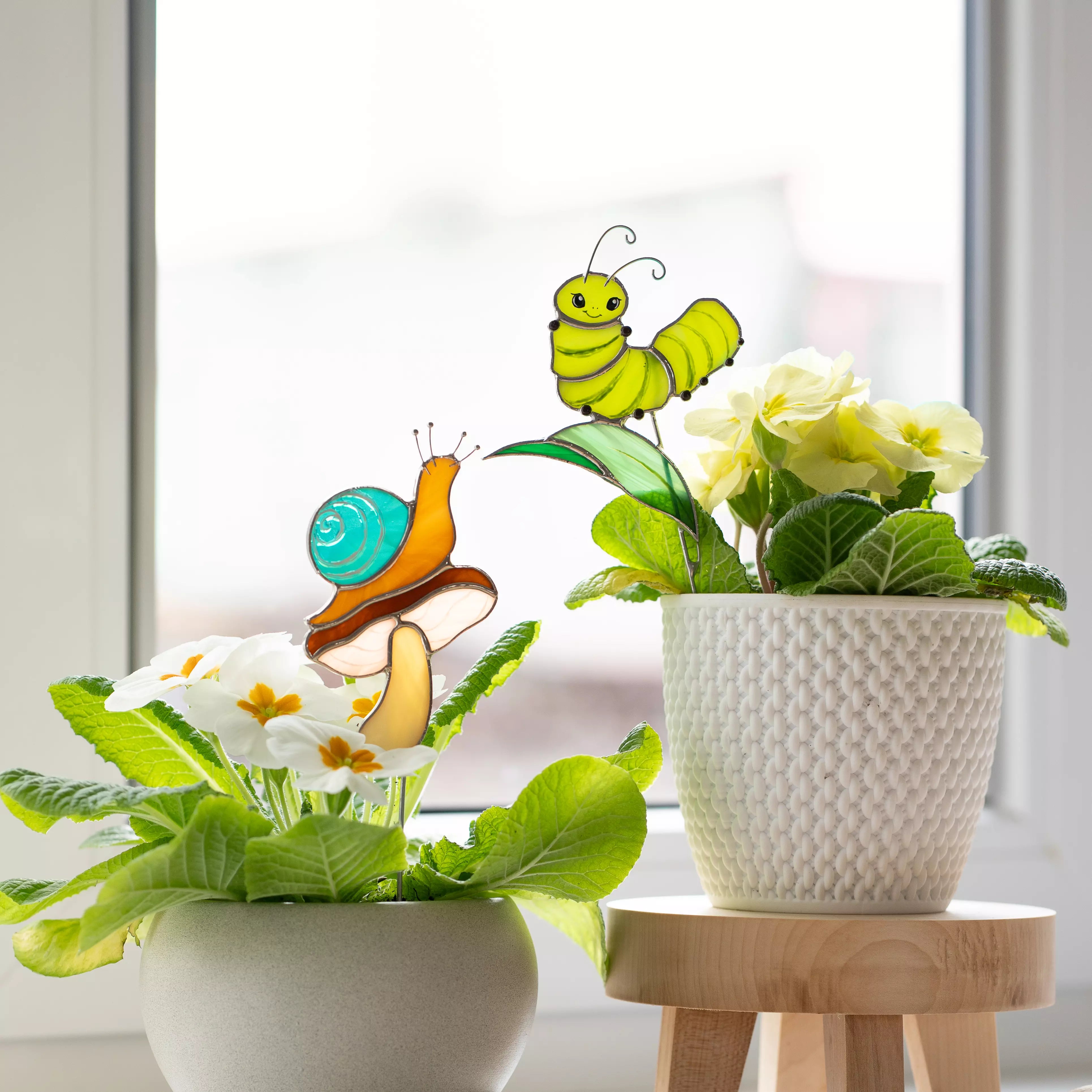 Snail on a Mushroom and Green Caterpillar - Stained Glass Plant Stakes