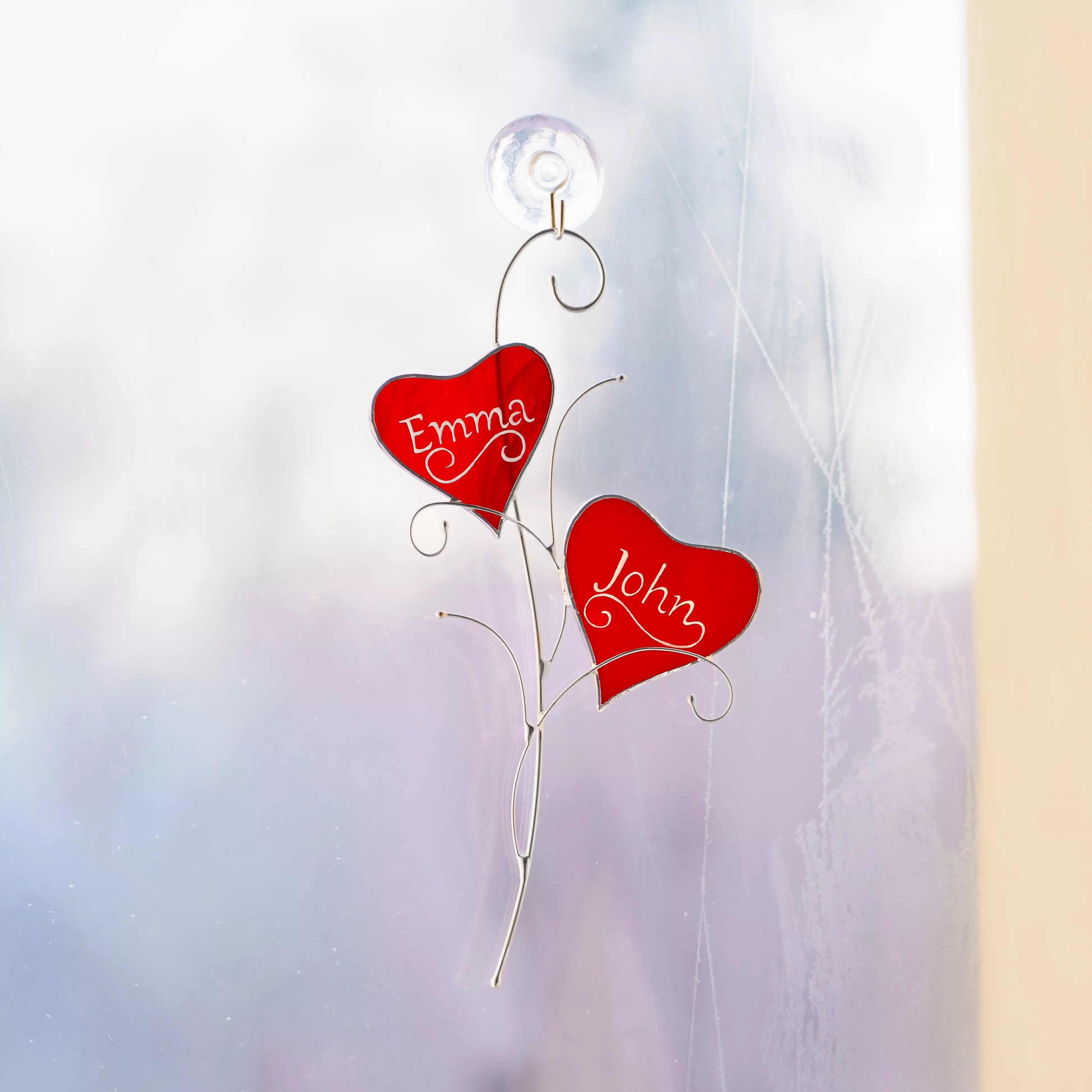 Pair of Red Hearts with Personalization - Stained Glass Suncatcher