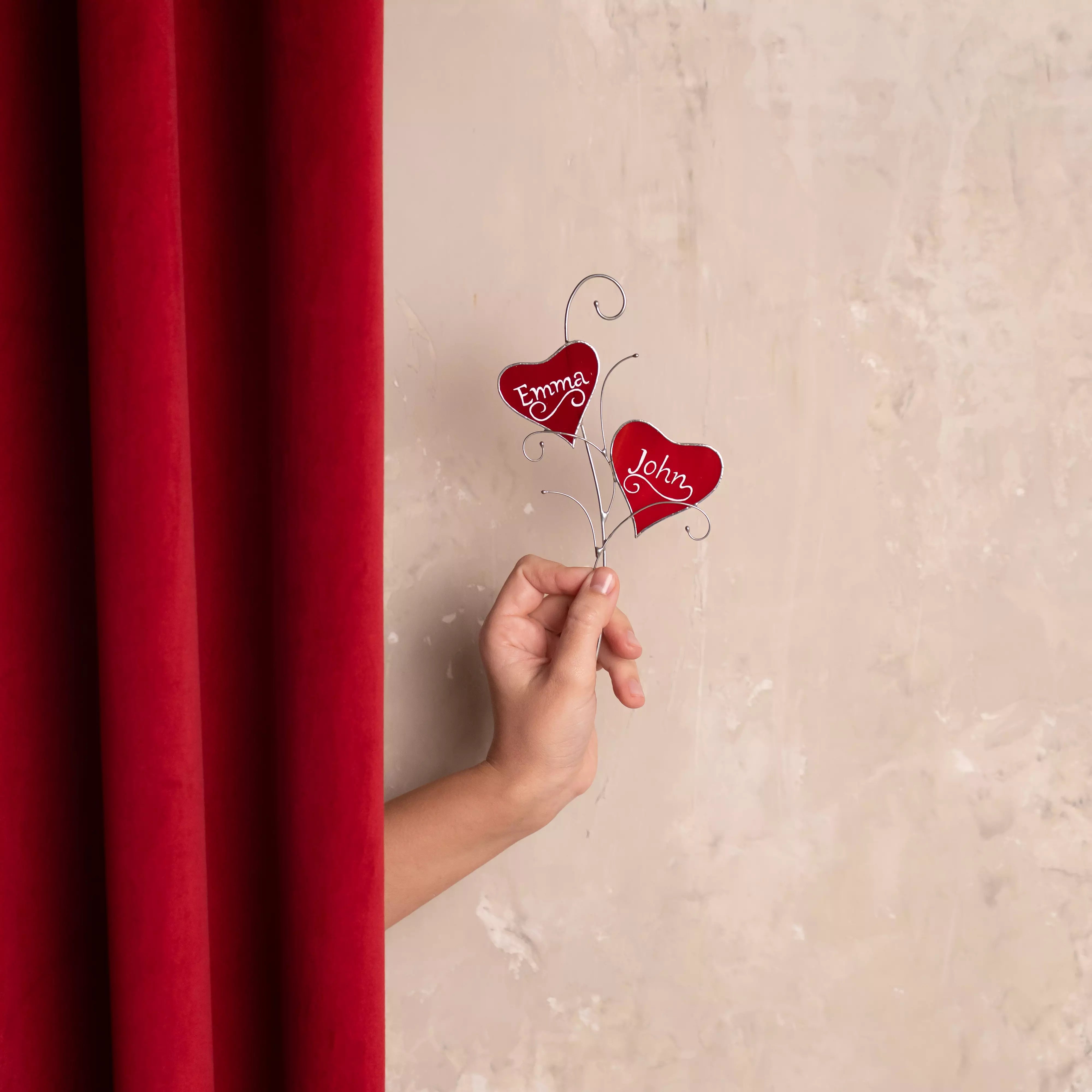 Pair of Red Hearts with Personalization - Stained Glass Suncatcher
