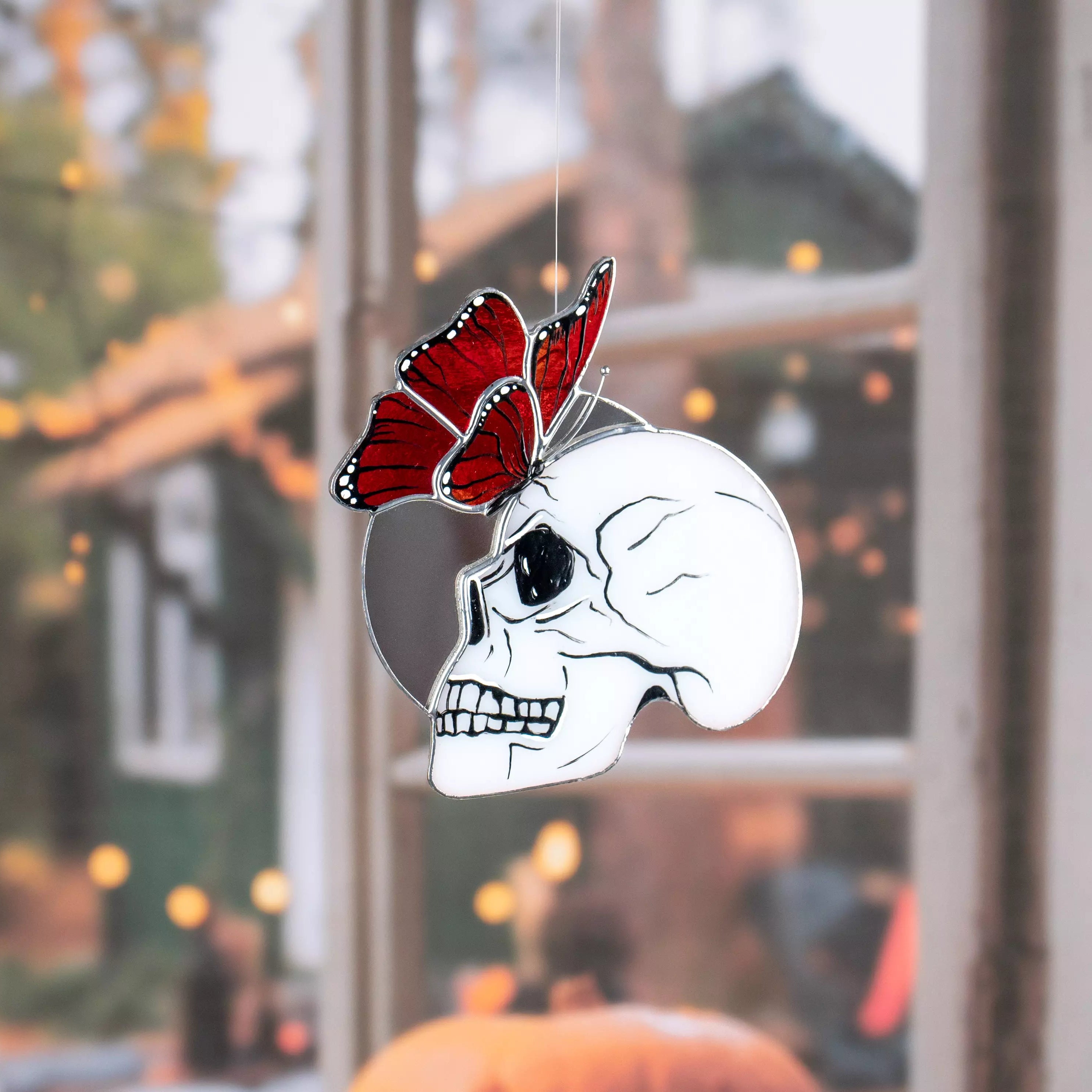 Skull with Monarch Butterfly - Stained Glass Suncatcher