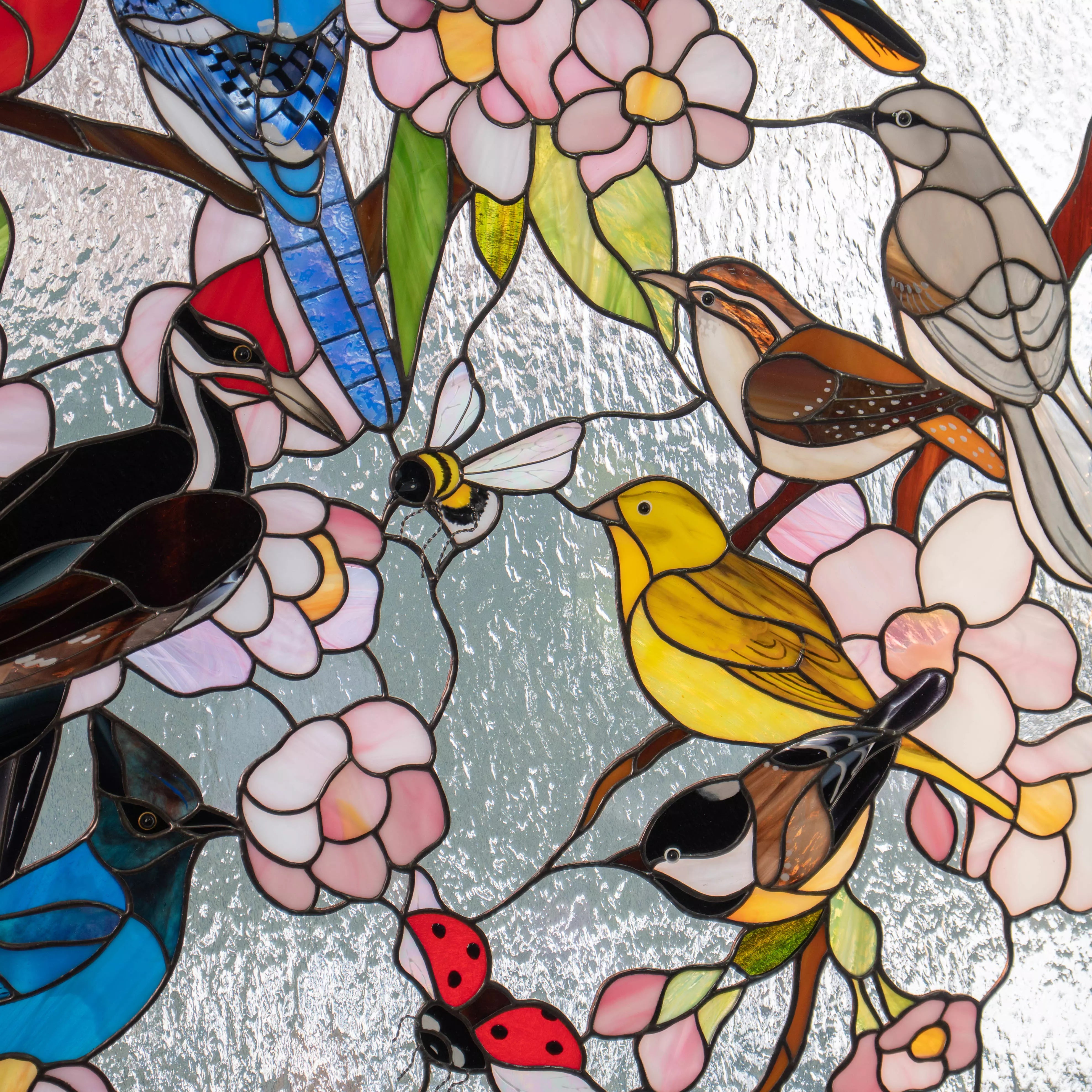 Colorful Birds on a Branches - Custom Stained Glass Panel
