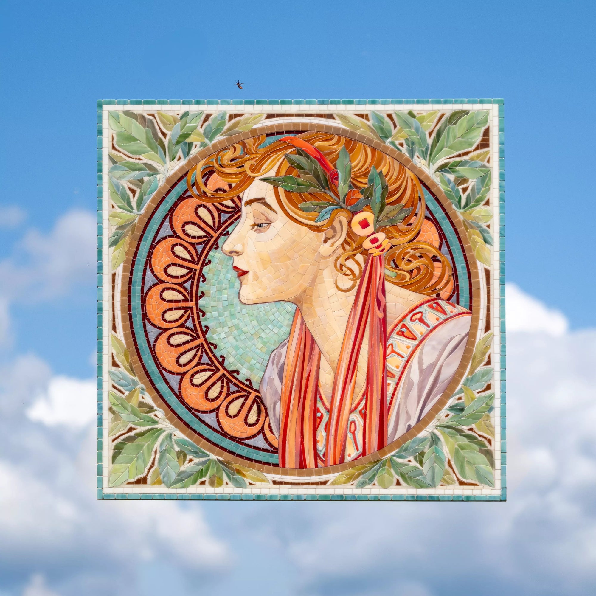 Square mosaic wall panel featuring an Art Nouveau–inspired female portrait with flowing hair, laurel leaves, and soft pastel glass tiles inspired by Alphonse Mucha