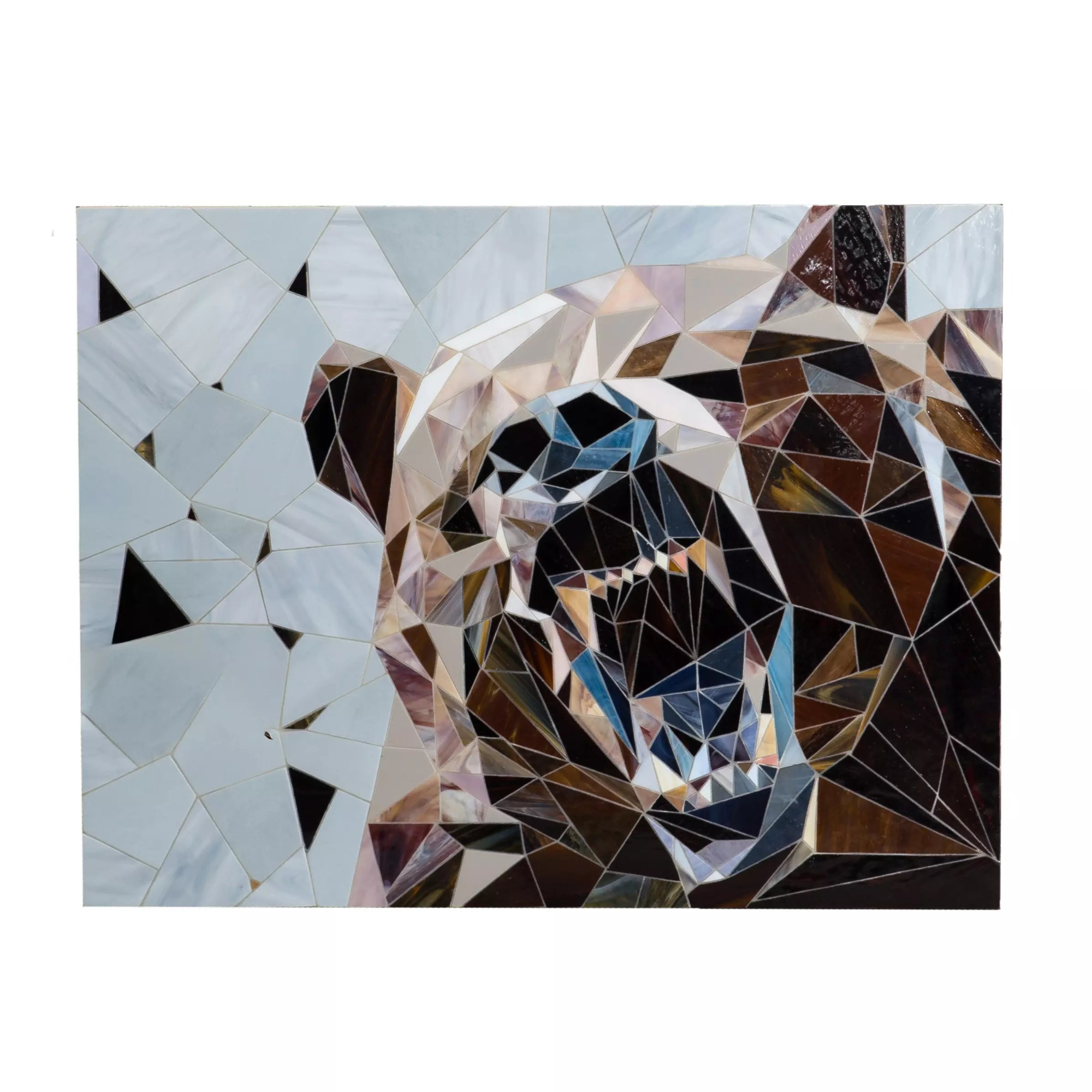 Image of the full geometric bear mosaic made of stained glass on a white background