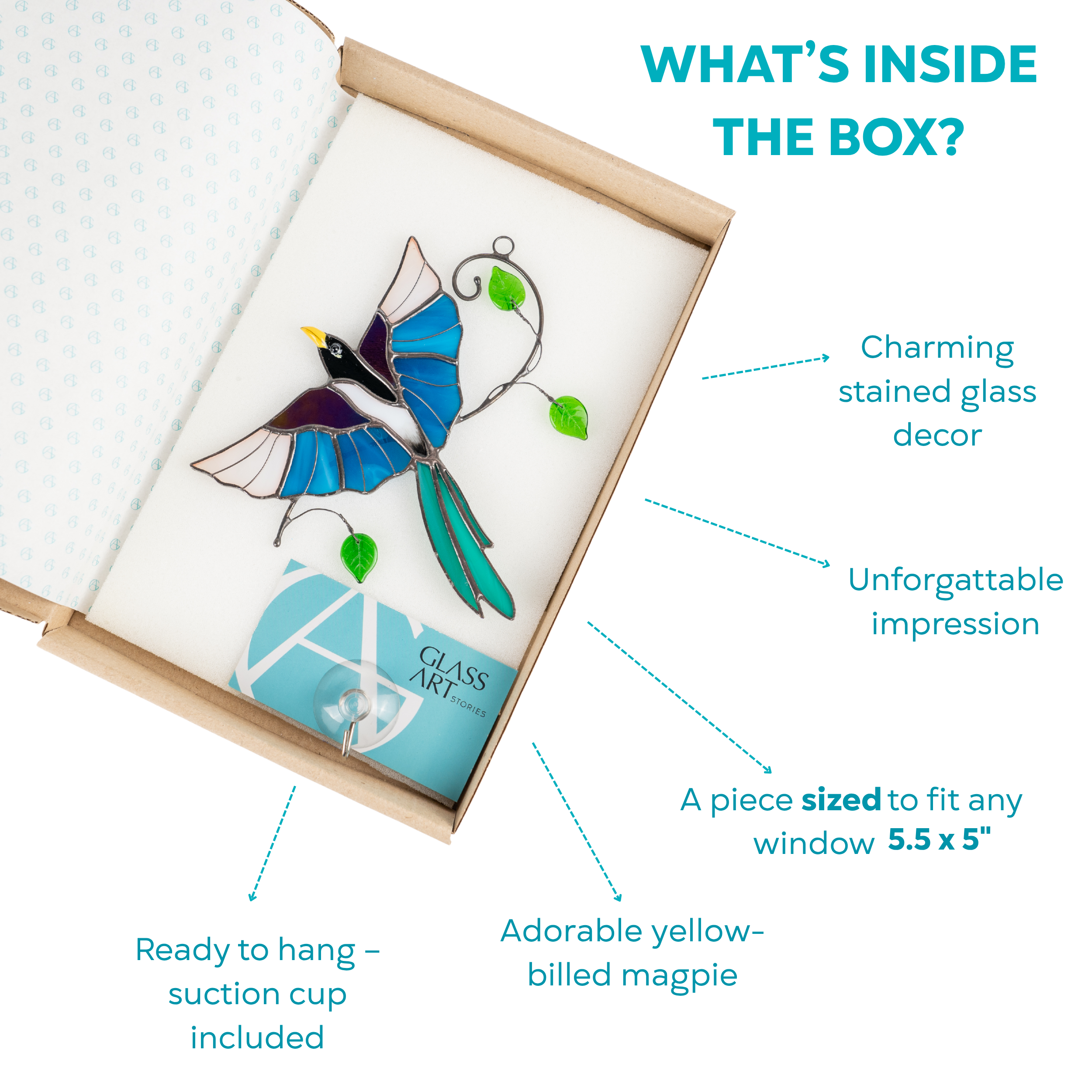 Open box flying stained glass yellow-billed magpie suncatcher with bright green leaves and a yellow beak, suction cup included.