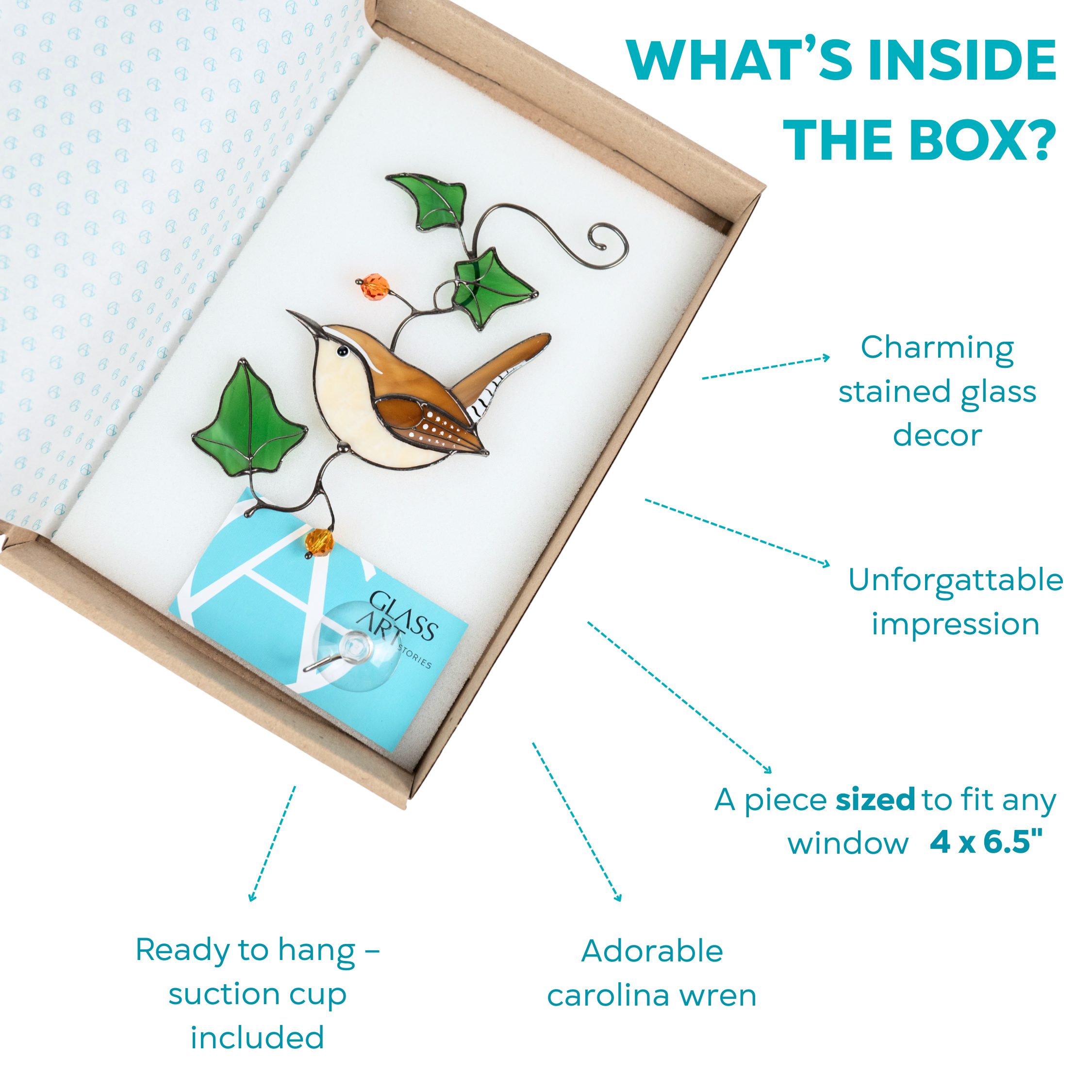 Carolina wren stained glass suncatcher inside branded box with hanging accessories and ready-to-gift packaging.