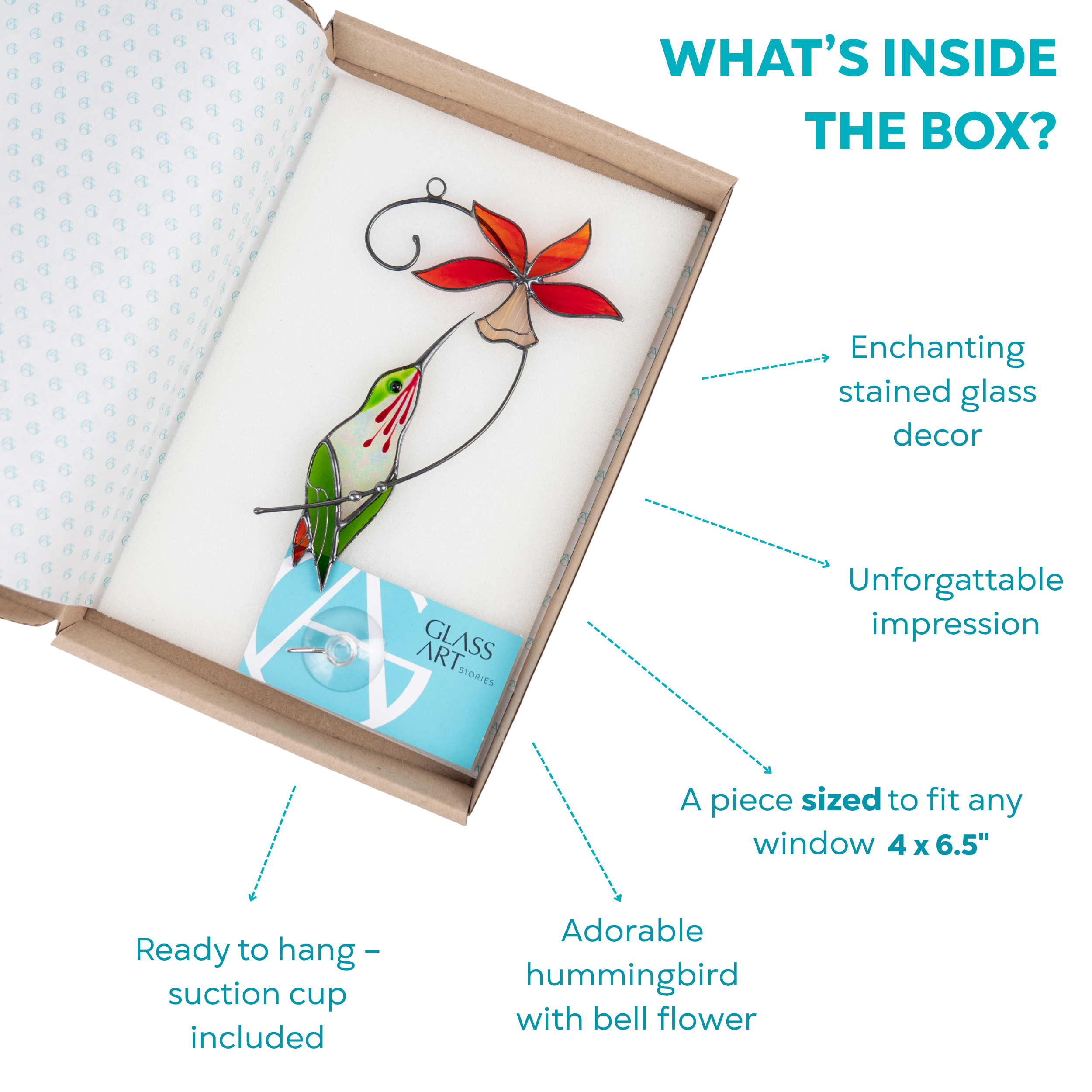 Open box with a hummingbird stained glass suncatcher and red bell flower, ready for gifting.