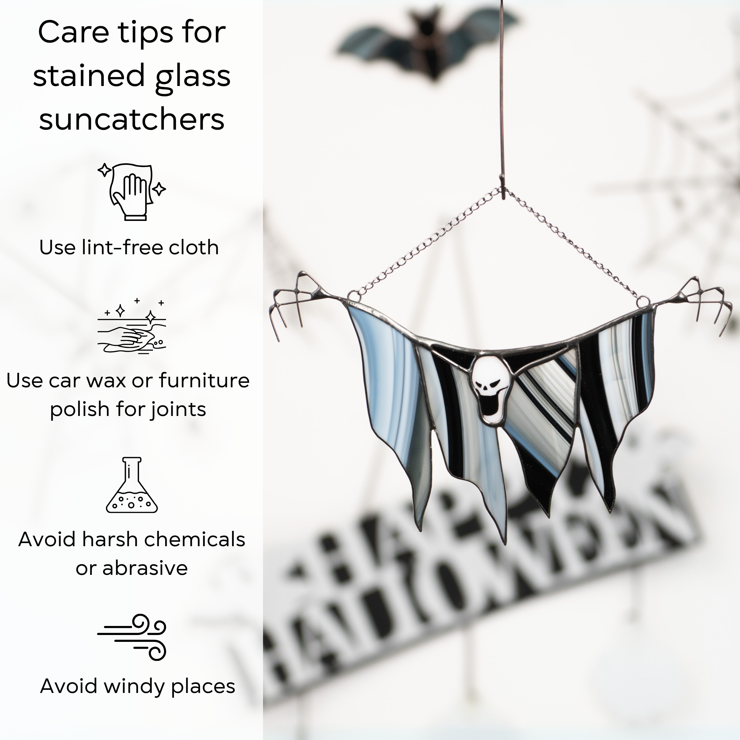 Hanging stained glass Grim Reaper in front of Halloween decorations, shown with care tips on the side: use lint-free cloth, polish joints with car wax or furniture polish, avoid harsh chemicals, and windy places.