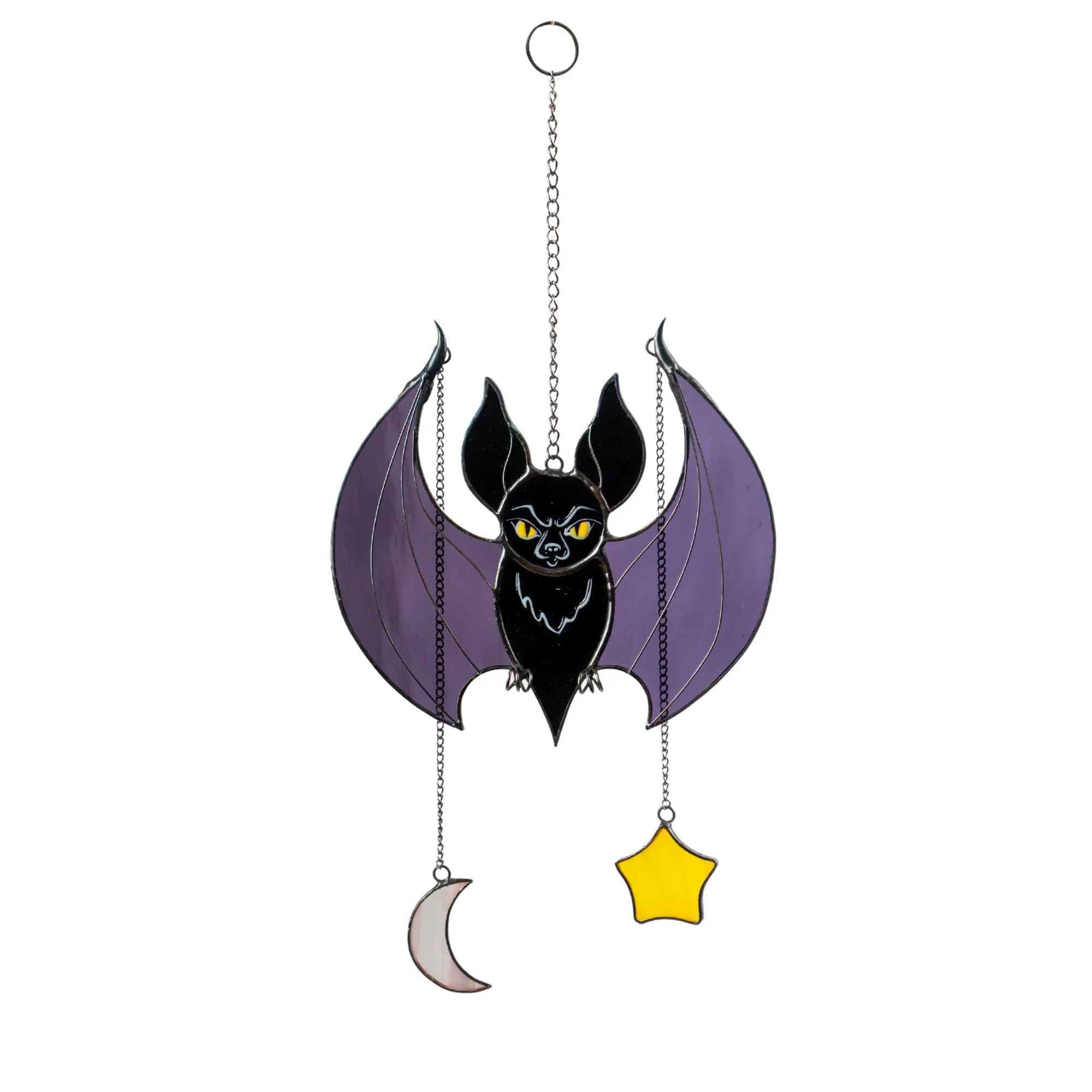 Stained glass bat with purple wings, yellow eyes, moon and star hanging on chains