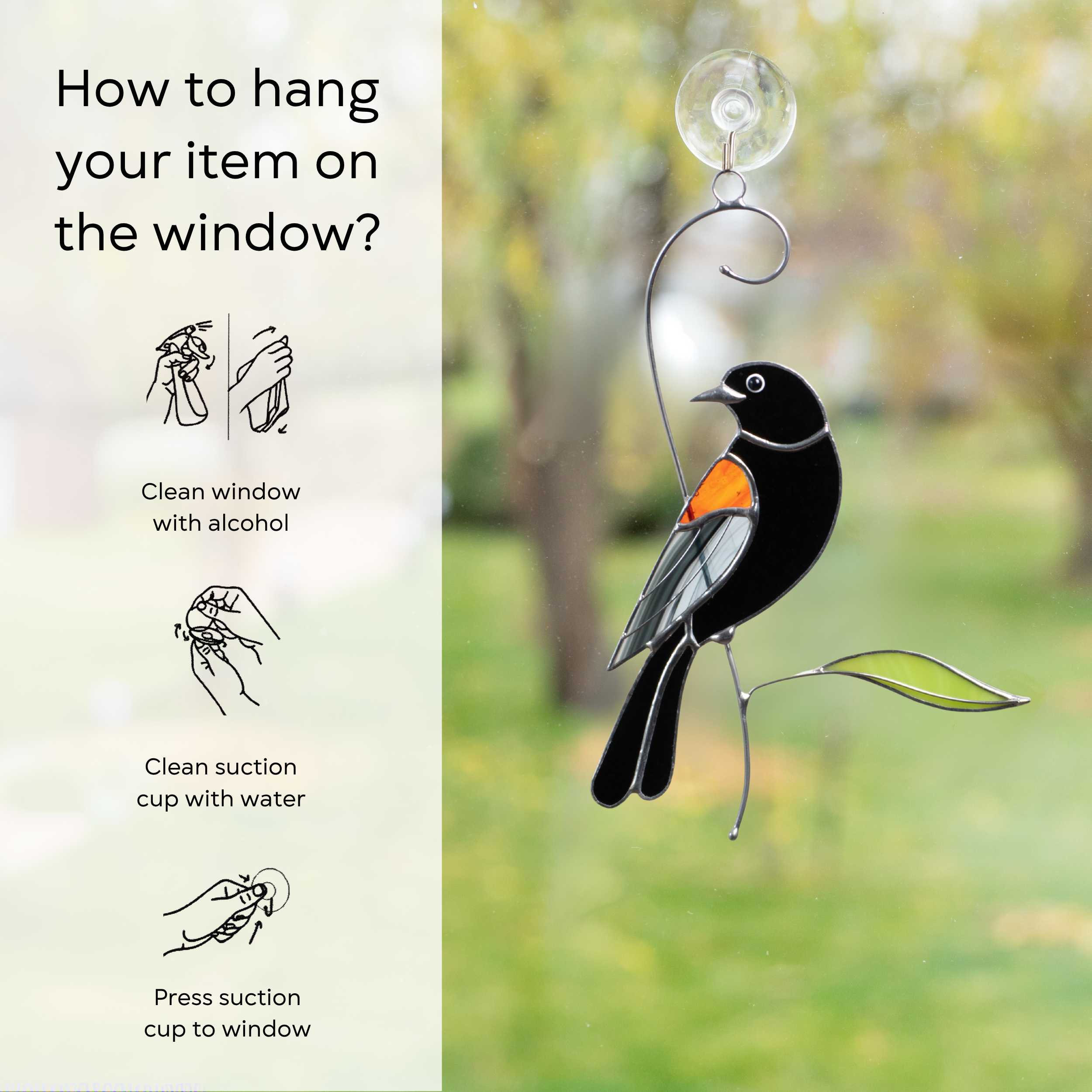 Stained glass blackbird with orange wing on a window, surrounded by simple instructions for hanging: clean window and suction cup, press a cup to the surface.