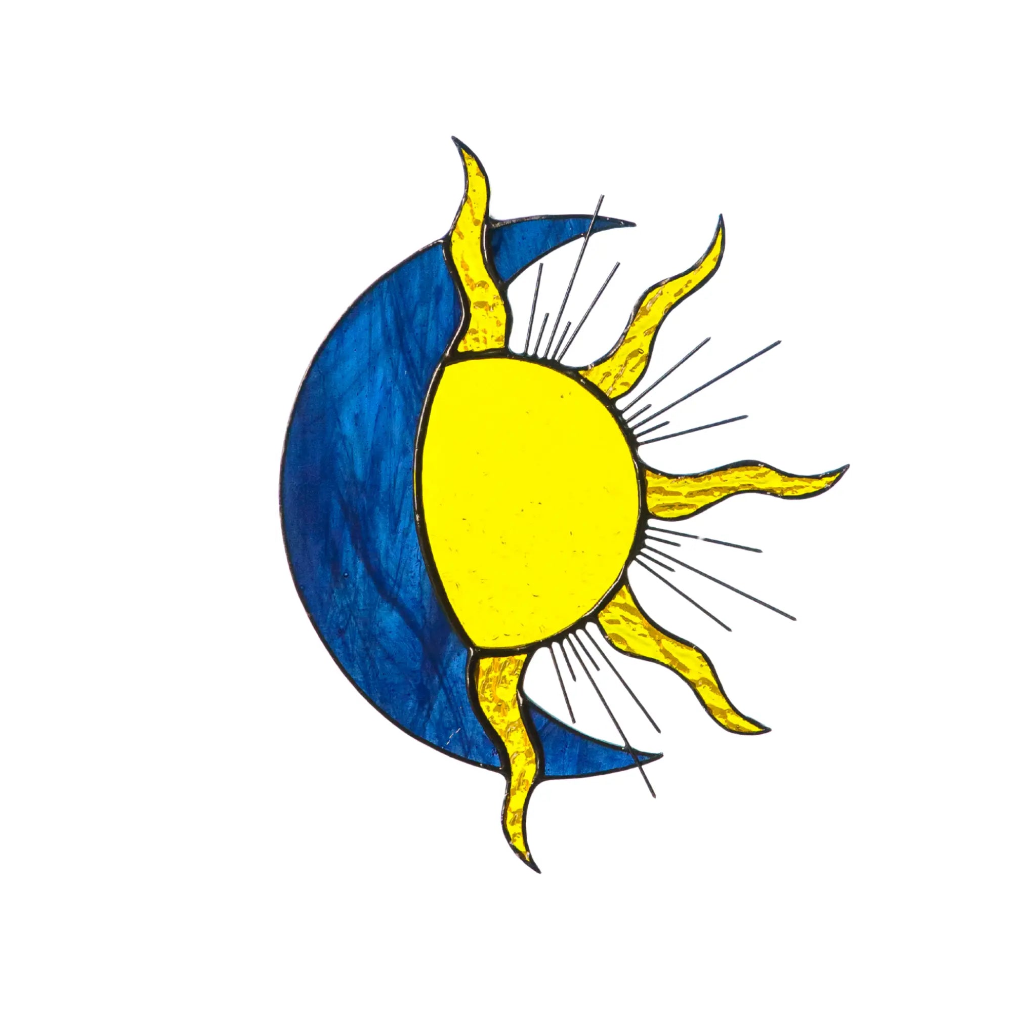 Blue and yellow sun and moon stained glass suncatcher on a white background