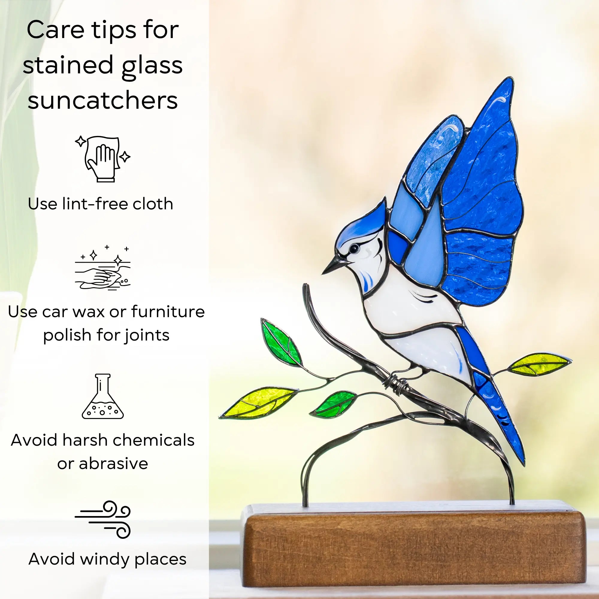 Instructional infographic for stained glass care showing the blue jay sculpture and care tips: use lint-free cloth, polish joints with car wax or furniture polish, avoid harsh chemicals, and windy places.
