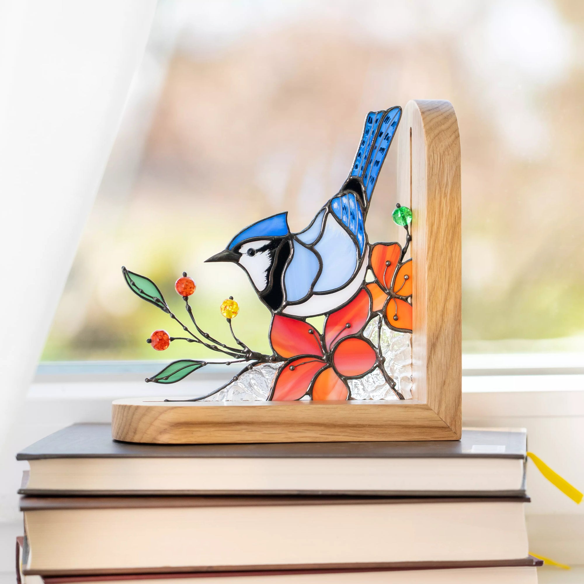 Stained glass blue jay panel displayed on stacked books near a window.