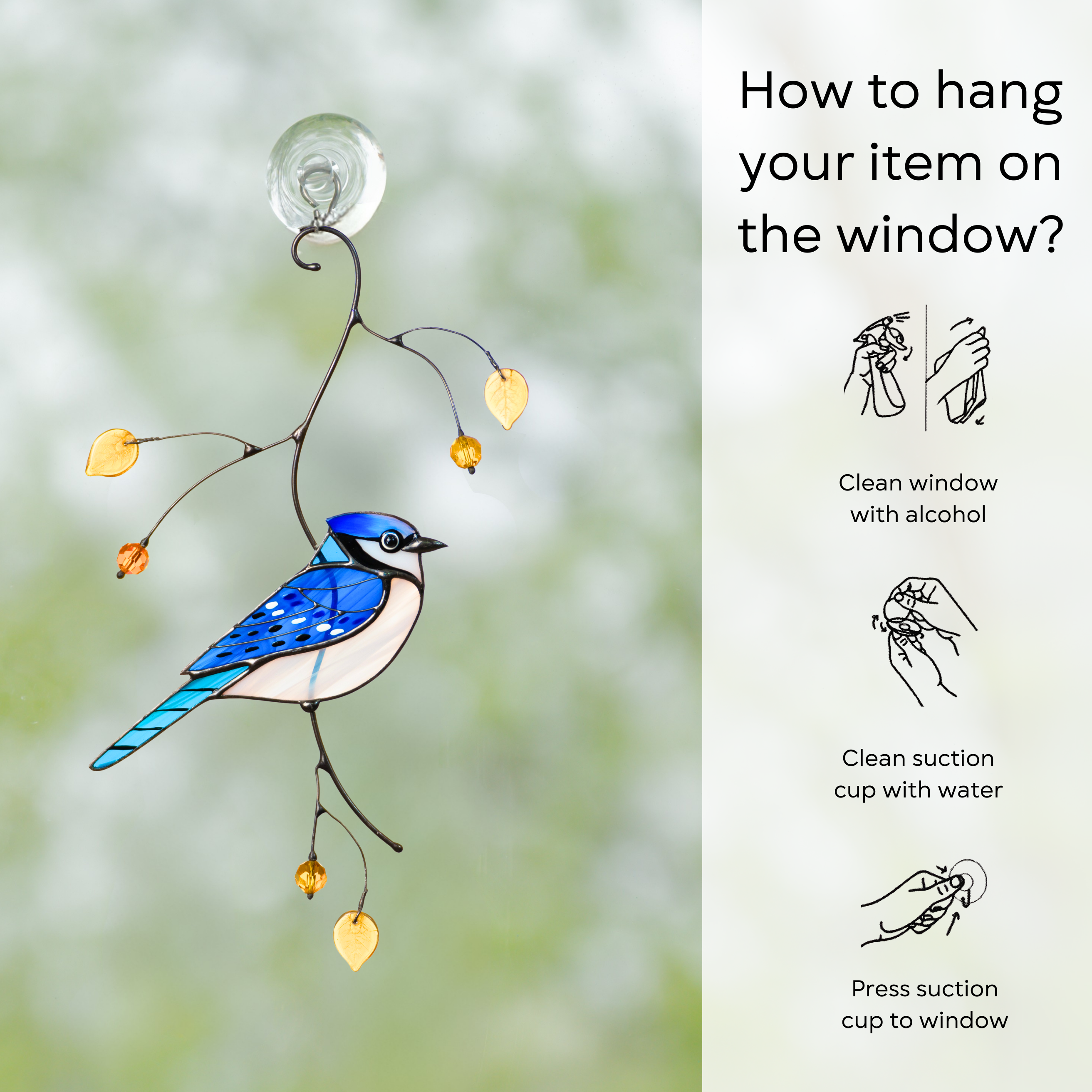 Step-by-step hanging guide next to blue jay stained glass suncatcher with suction cup on a window: clean window and suction cup, press a cup to the surface.