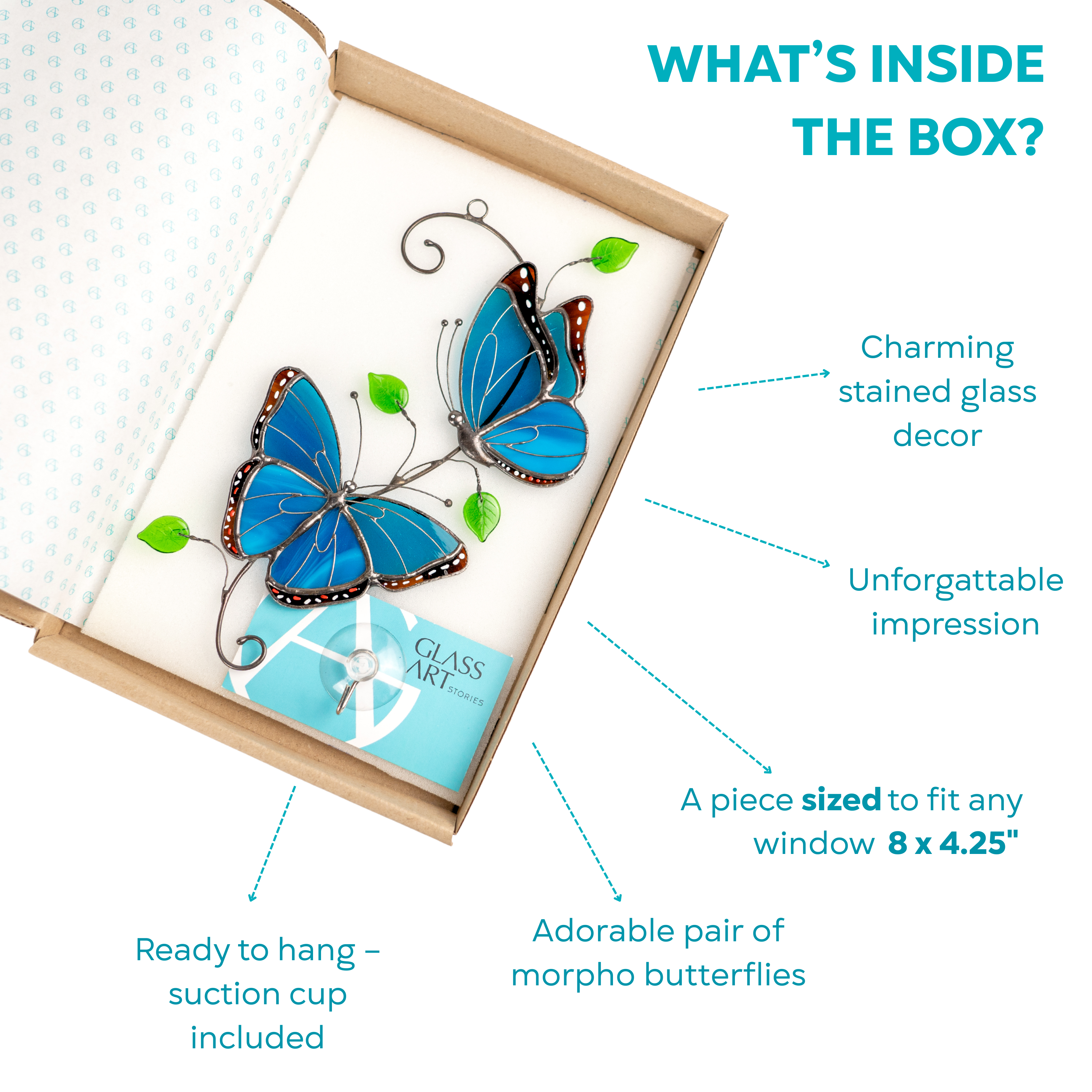 Gift box with stained glass morpho butterflies, a thoughtful handmade present for window decor lovers.