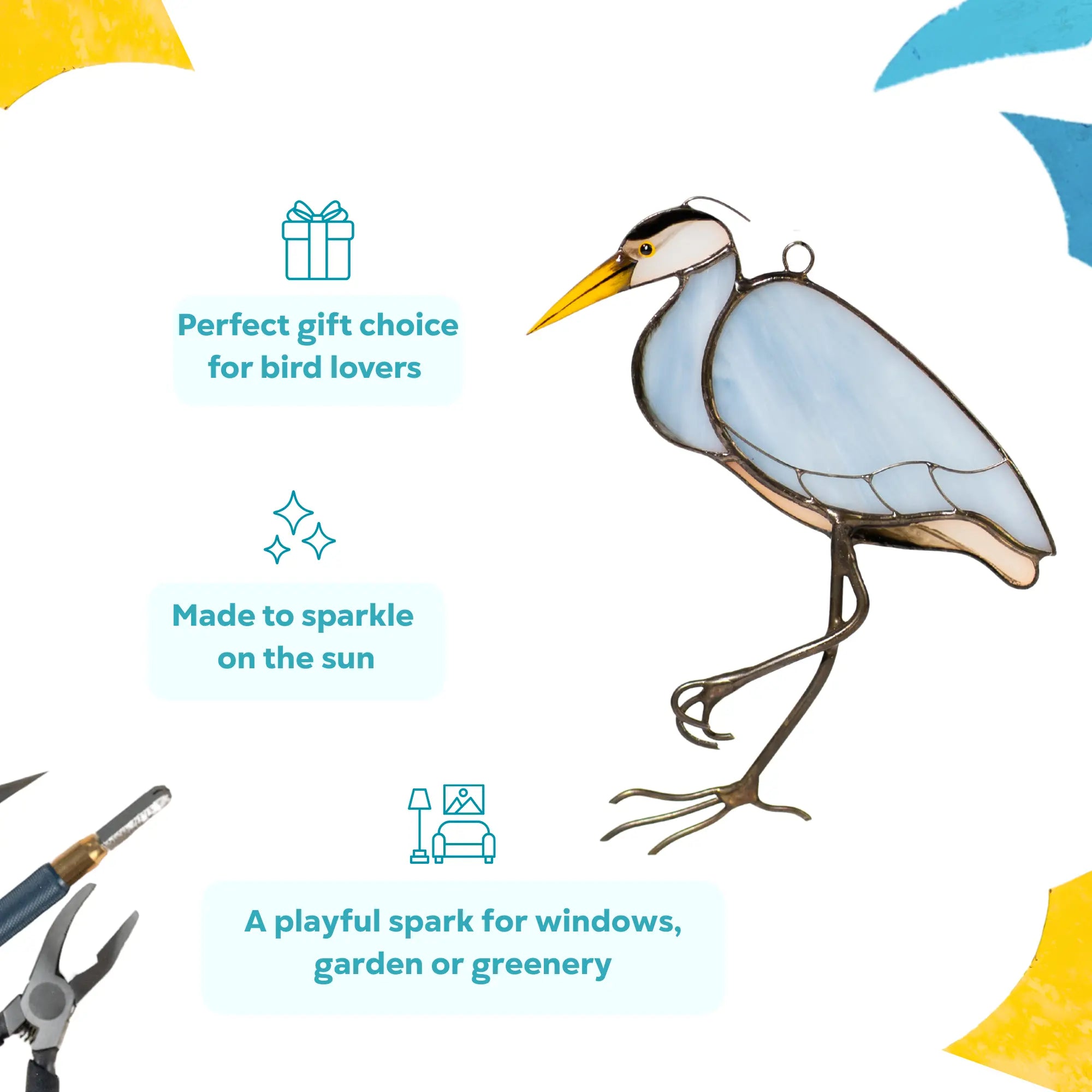 Stained glass heron suncatcher with infographic text describing it as a gift idea, window decor, sparkle in sunlight and garden use.