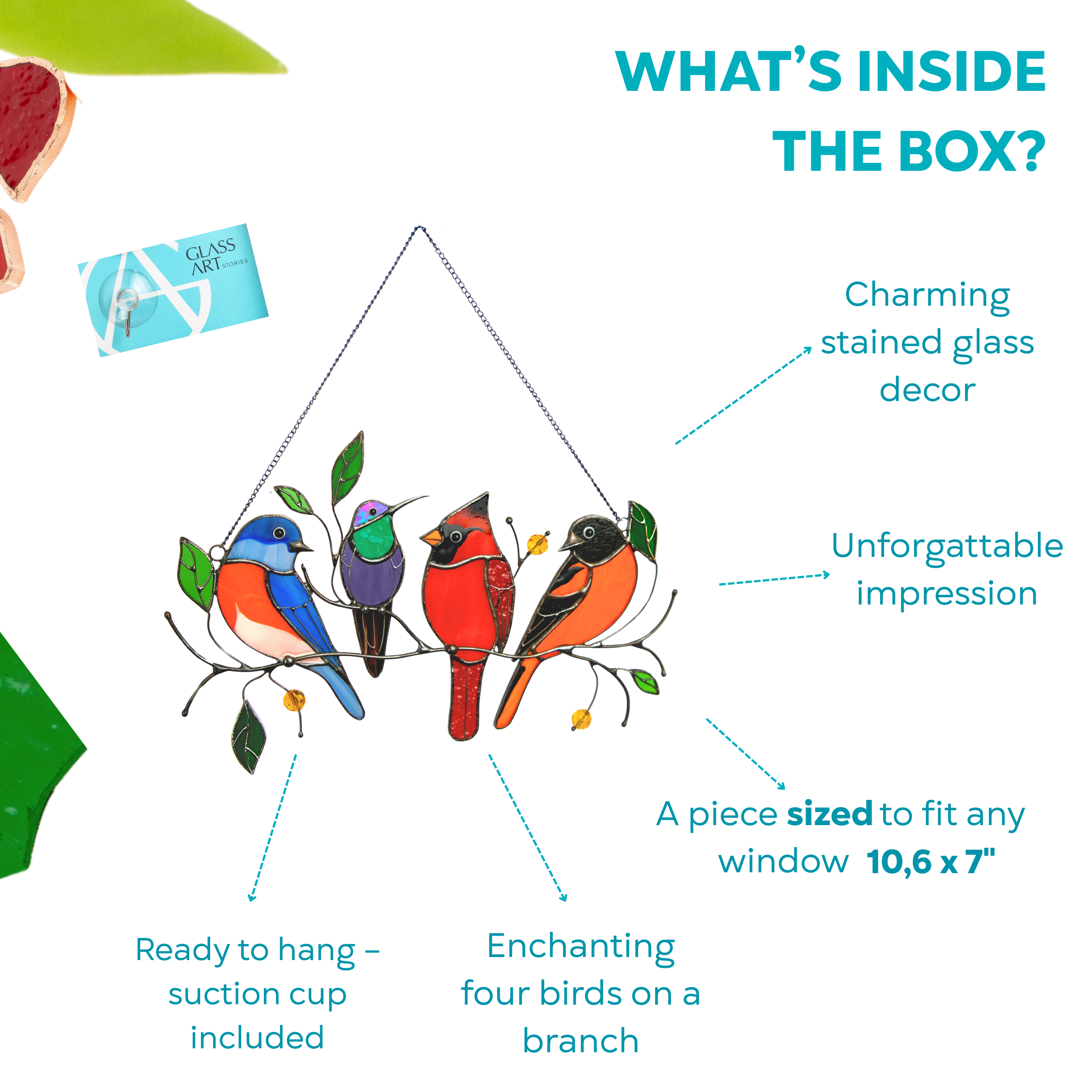 Infographic with packaging view and notes: ready to hang, unforgettable impression, fits 10.6 x 7" window.