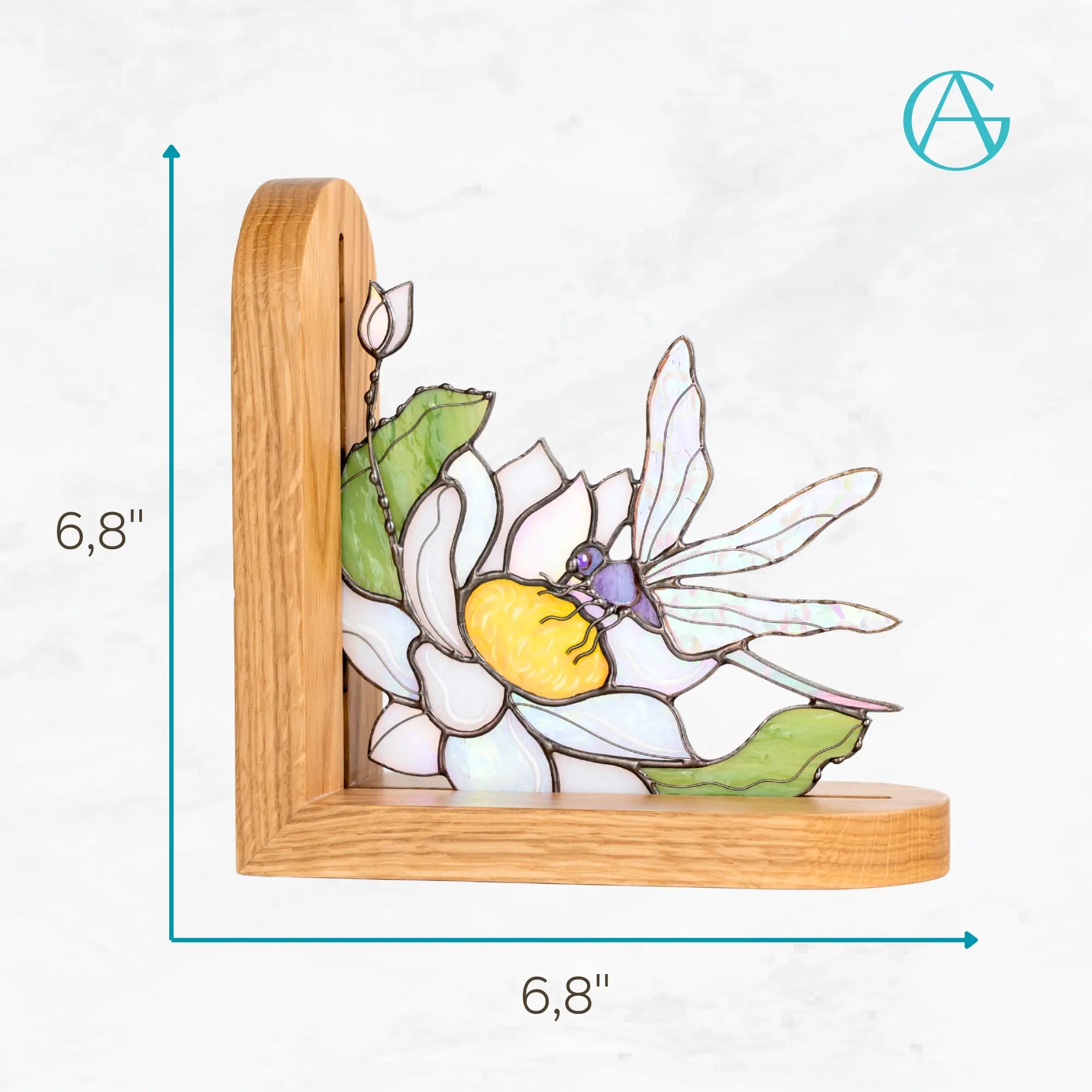 Stained glass bookend with dragonfly and flower, labeled with dimensions 6,8 x 6,8 inches