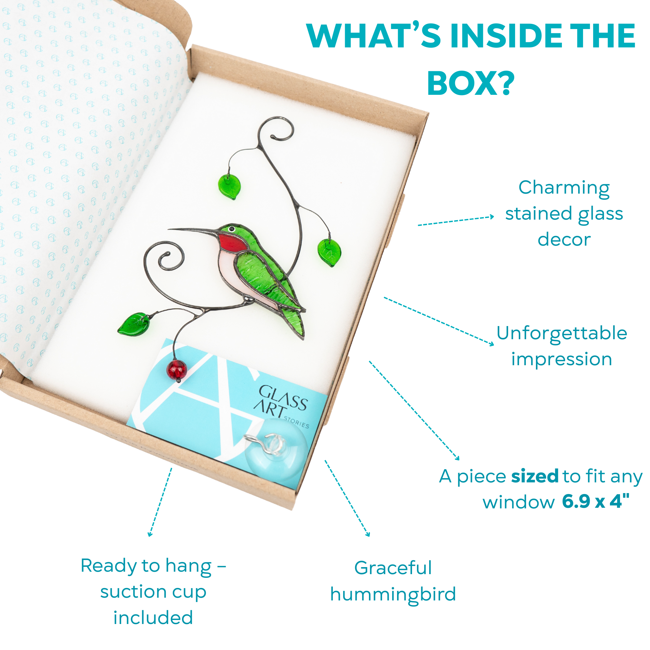Glass hummingbird in branded box with label tags describing it`s features: unforgettable impression, included items and other.