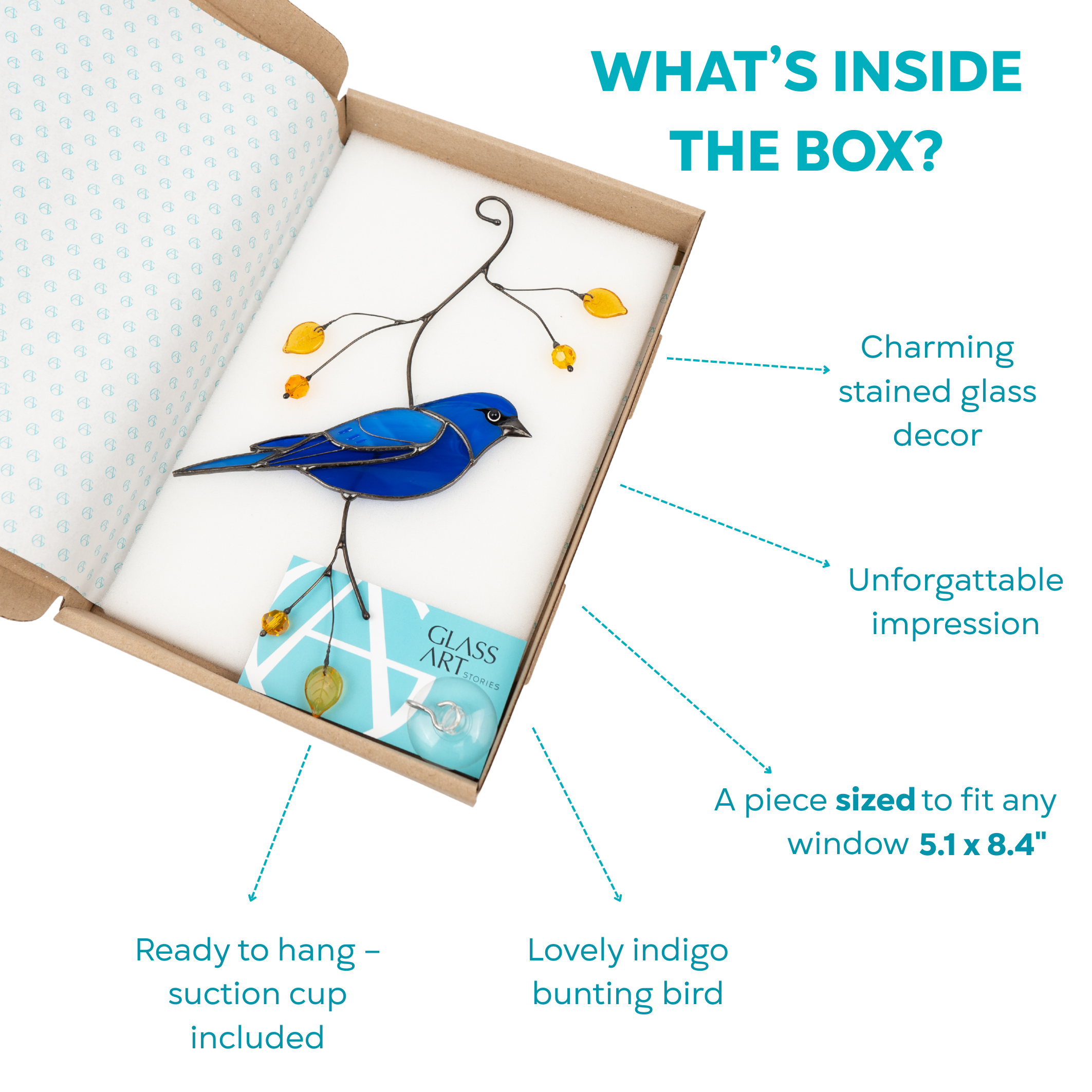 Unboxing indigo bunting stained glass bird with suction cup, and info card, showcasing careful packaging and gift presentation.