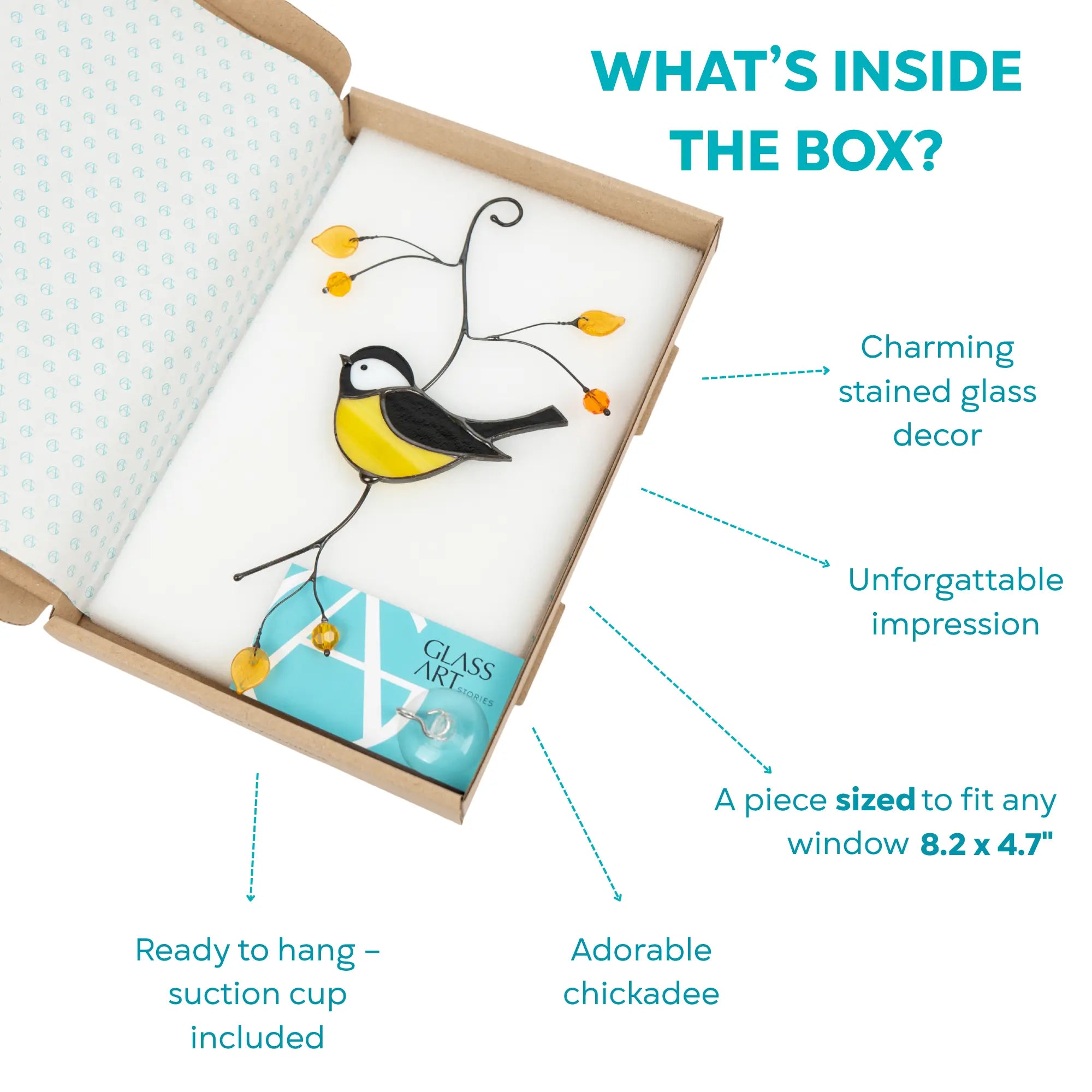 Chickadee suncatcher inside a box with branded card and hanging suction cup
