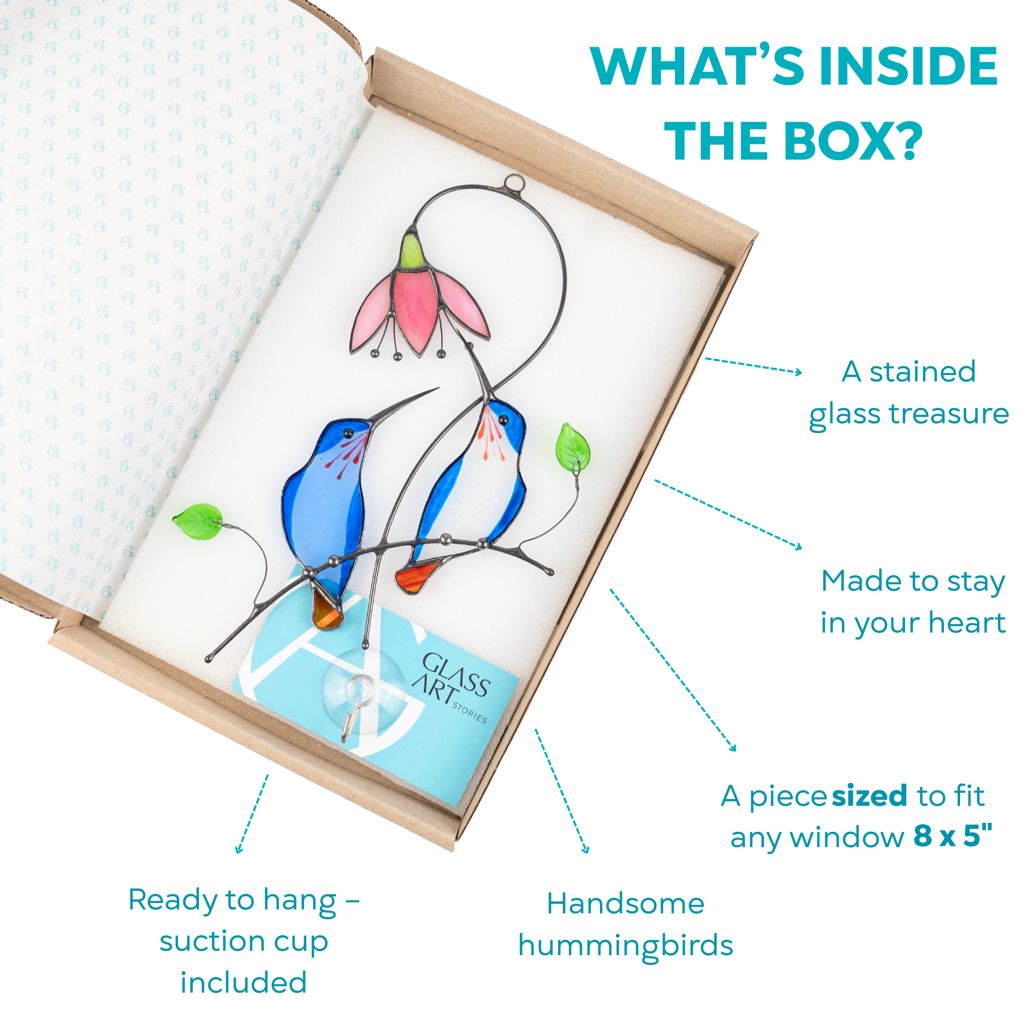 Gift-ready stained glass hummingbirds with flower – fits any window and brings vibrant color to your space.