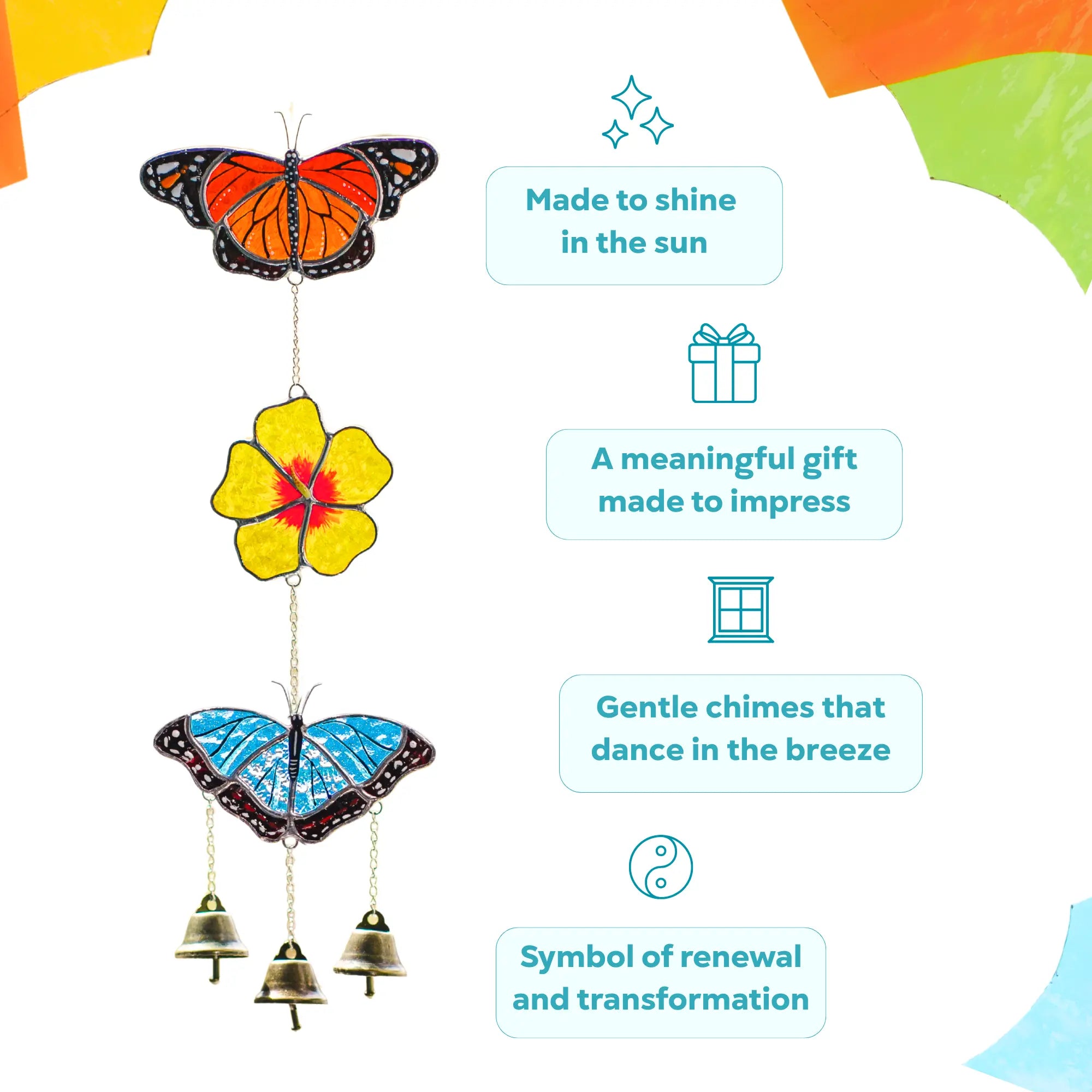 Butterfly and flower stained glass wind chime as a meaningful gift on a white background