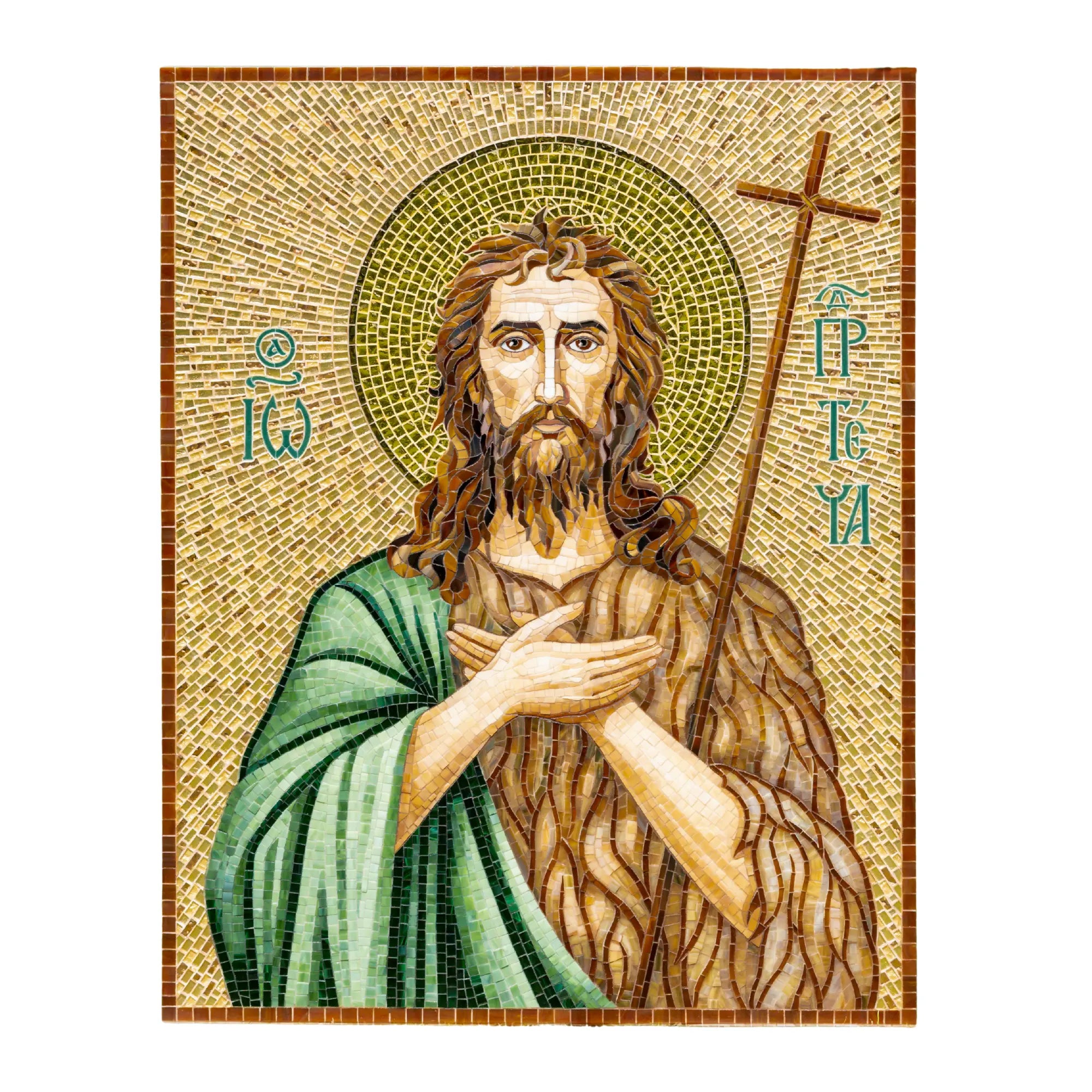 Mosaic icon of John the Baptist with cross and halo on neutral white background