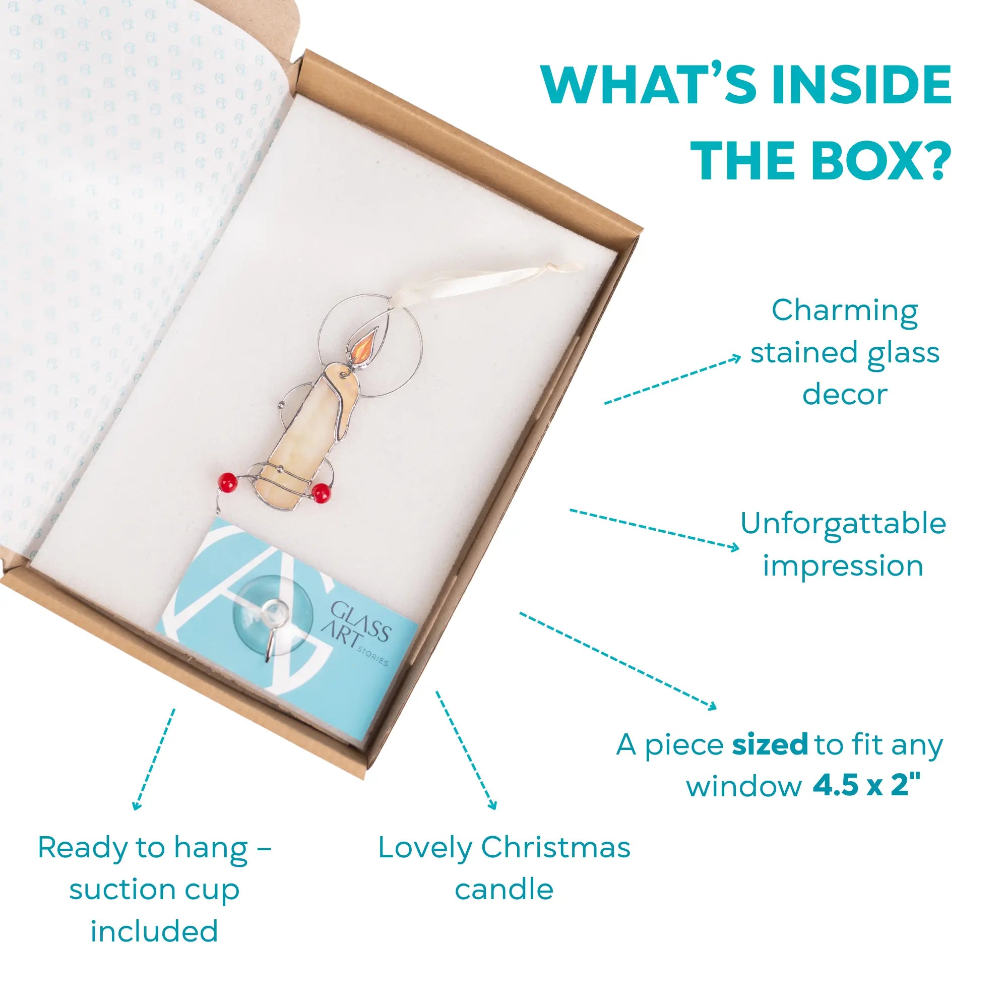 Gift box with a stained glass candle ornament featuring orange flame and red beads, packaged with suction cup.