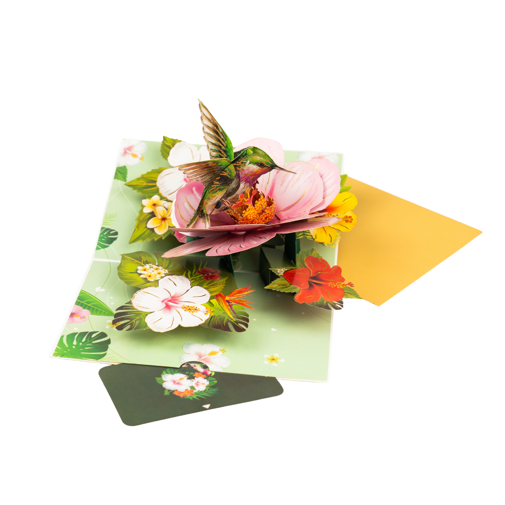 Floral card with 3d Hummingbird and a yellow envelope on a white background