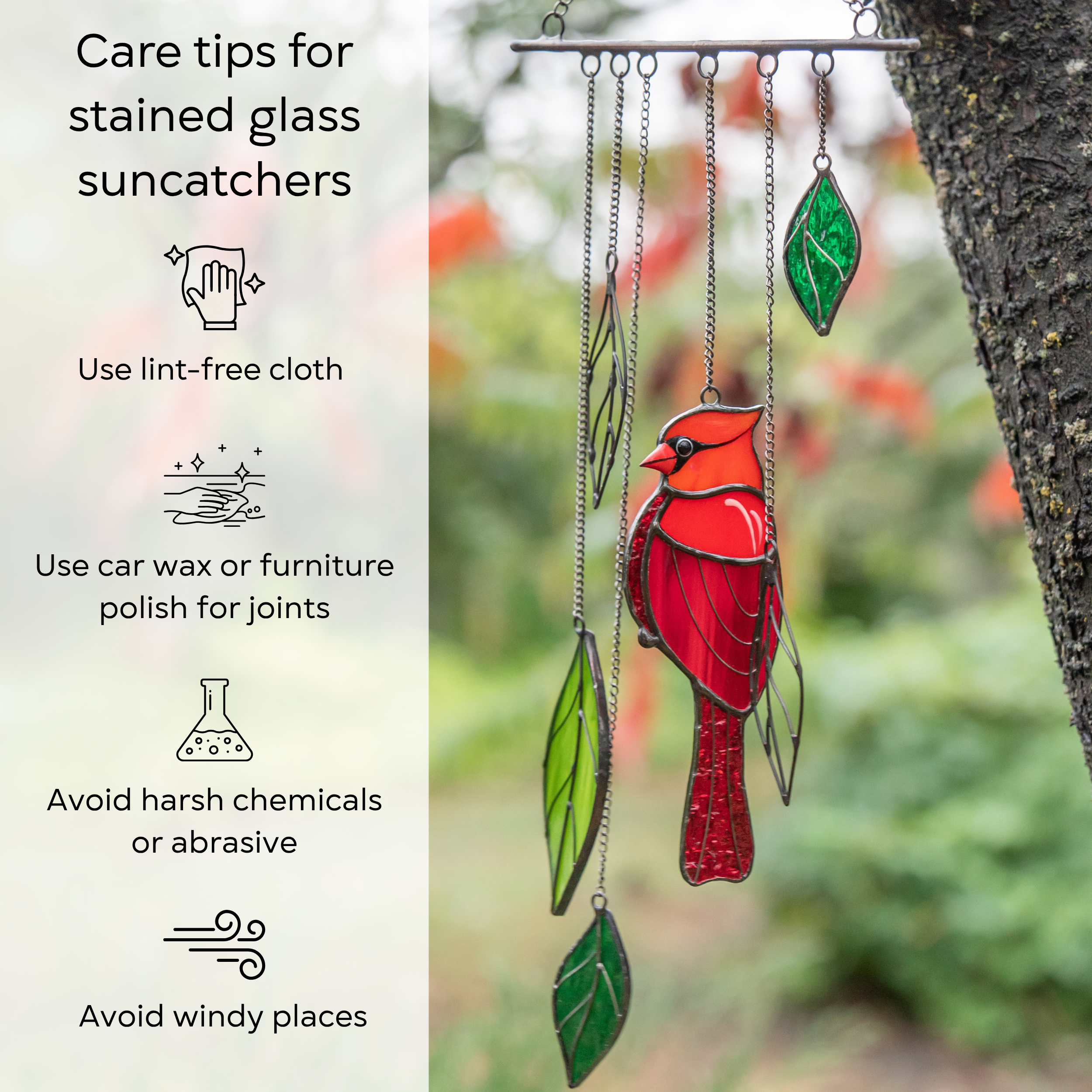 Red stained glass cardinal wind chime hanging from a tree with care tips displayed for maintenance: use lint-free cloth, use wax polish for joints, no harsh cleaners, avoid wind.