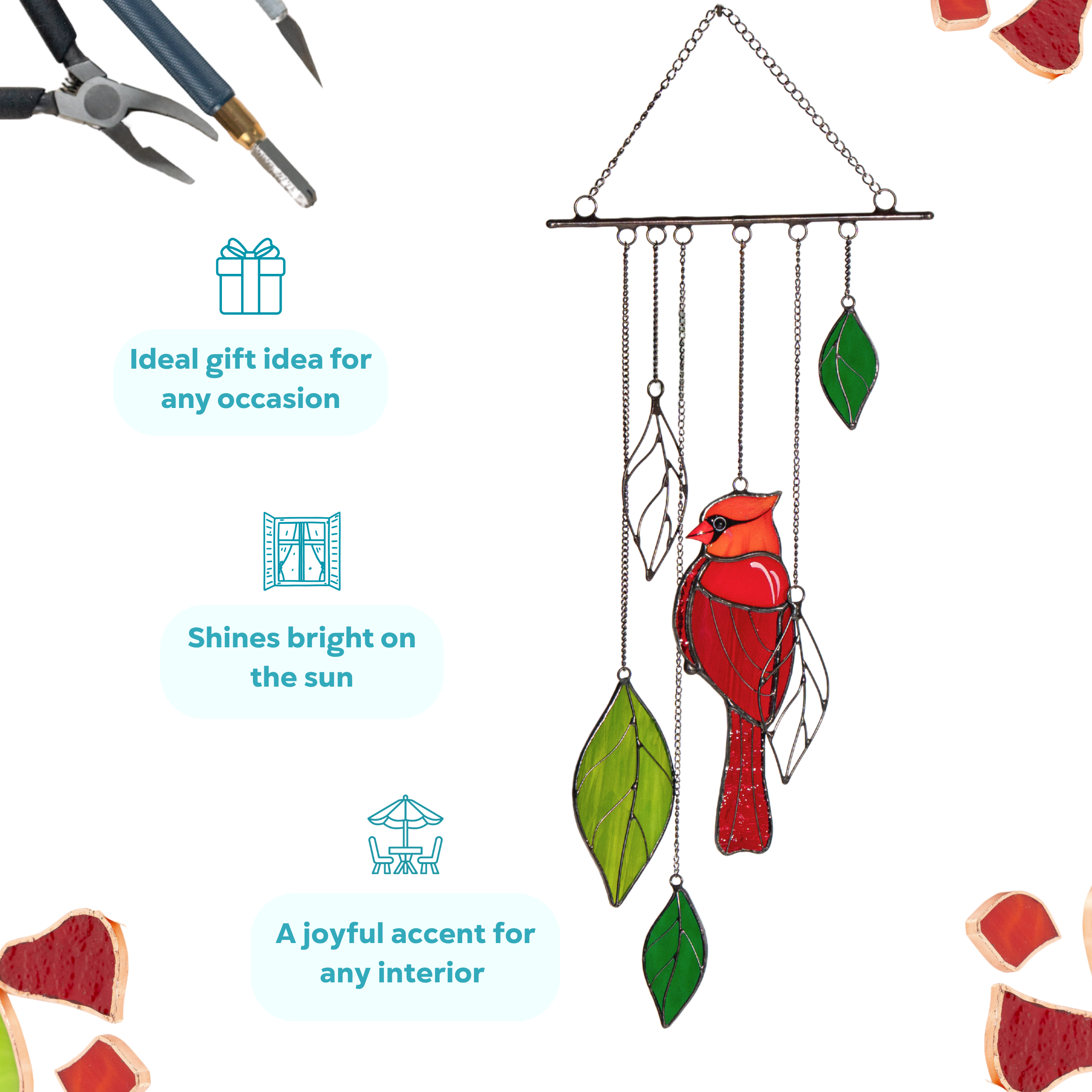 Illustration of cardinal stained glass suncatcher with red bird and green glass leaves, featuring it as a gift and decor.