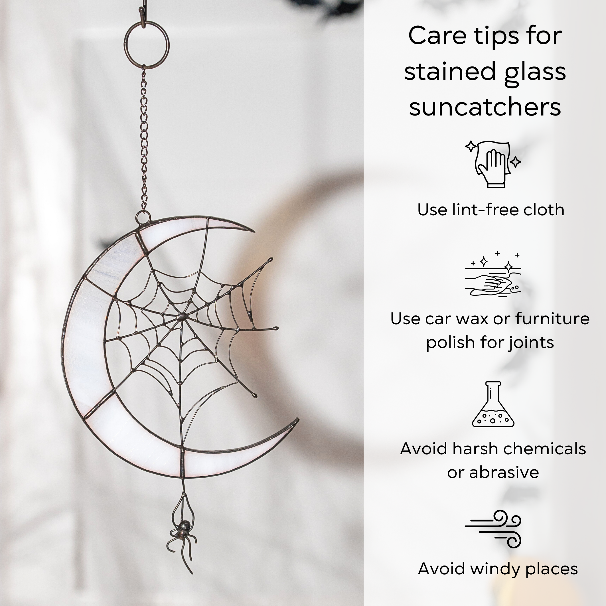Spider moon suncatcher with care tips listed beside it: use lint-free cloth, polish joints with car wax or furniture polish, avoid harsh chemicals, and windy places.