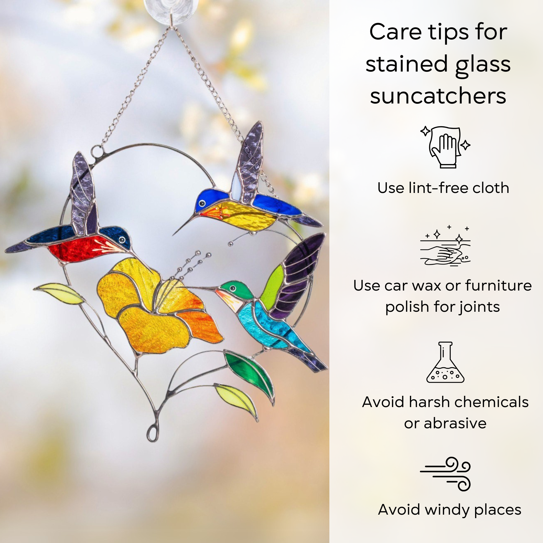 Infographic with care instructions for stained glass on a hand-held suncatcher background: use lint-free cloth, polish joints with car wax or furniture polish, avoid harsh chemicals, and windy places.