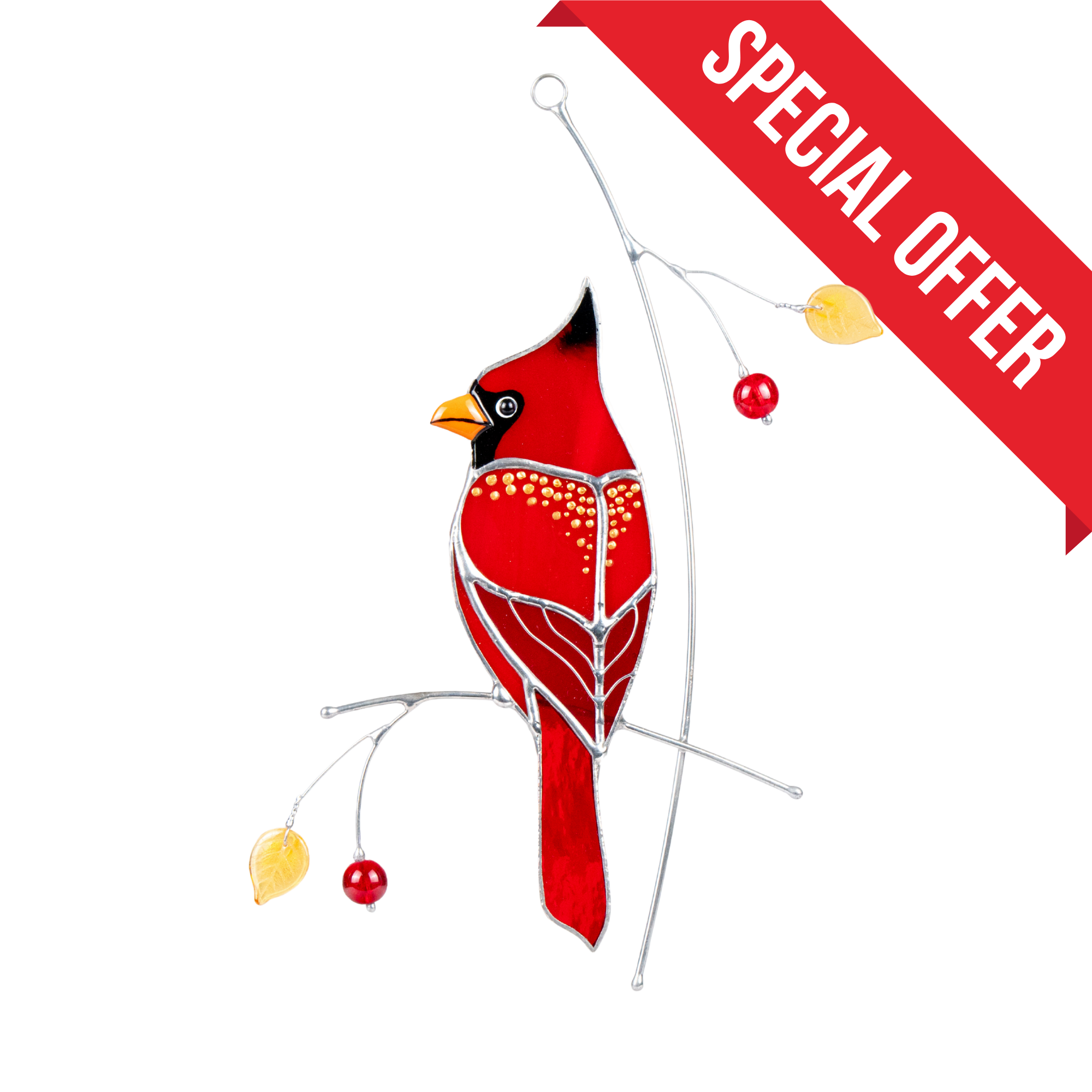 Red cardinal stained glass bird ornament with a Special Offer on a white background