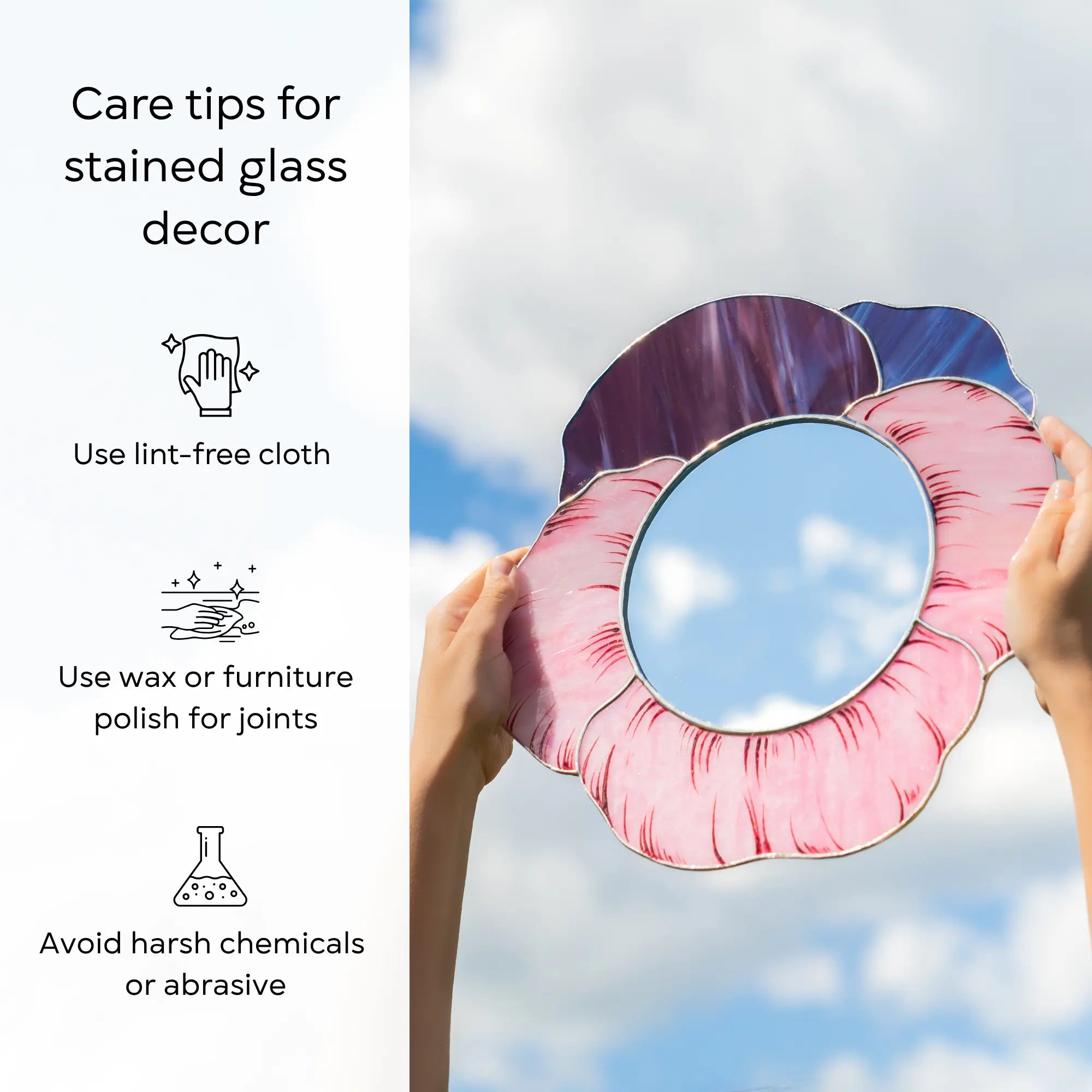 Care tips for stained glass mirror with a person holding a decorative mirror against a cloudy sky: use lint-free cloth, polish joints with car wax or furniture polish, avoid harsh chemicals, and windy places.