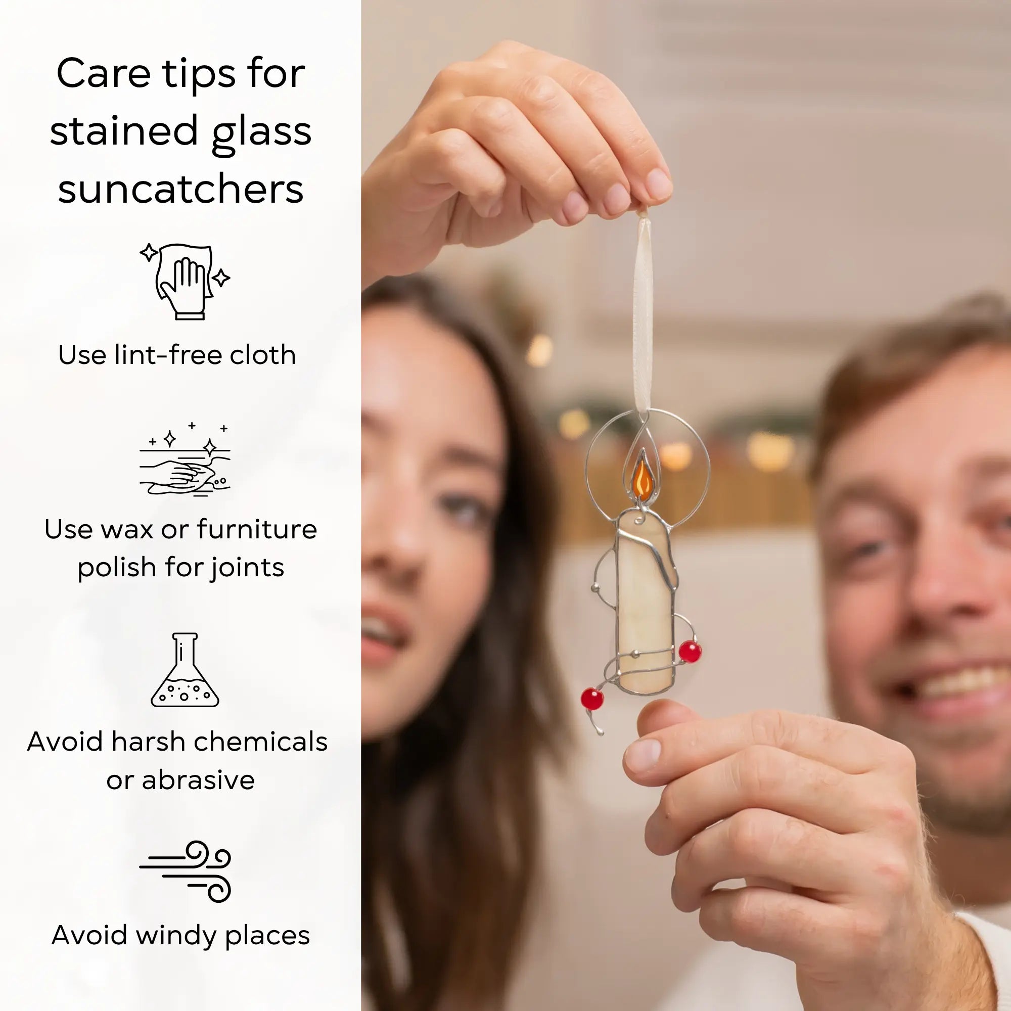 Couple holding a stained glass candle ornament beside infographic showing care instructions for glass decor: use lint-free cloth, polish joints with car wax or furniture polish, avoid harsh chemicals, and windy places.