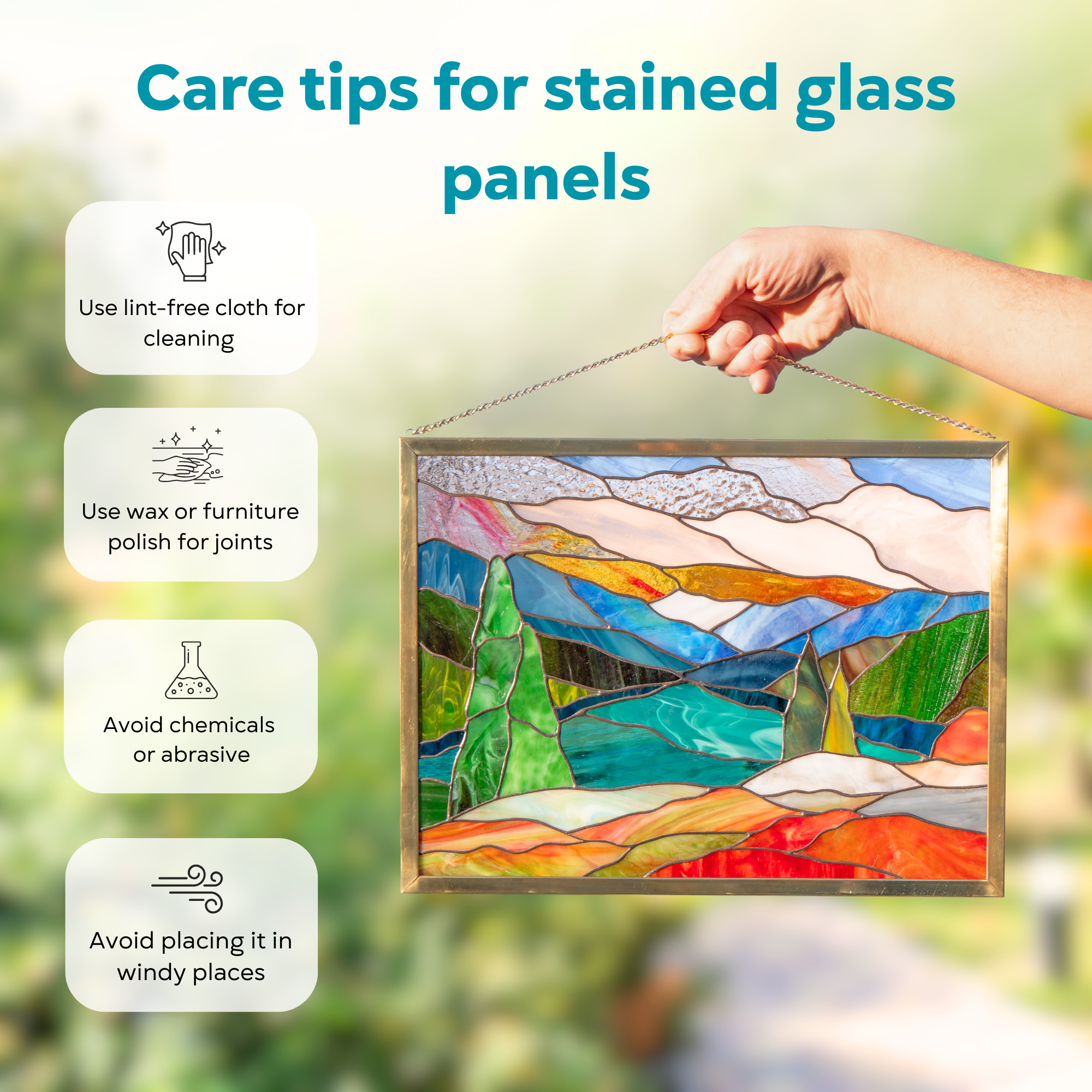 Cleaning and care instructions for stained glass panel showing Mount Rainier: use lint-free cloth, polish joints with car wax or furniture polish, avoid harsh chemicals, and windy places.