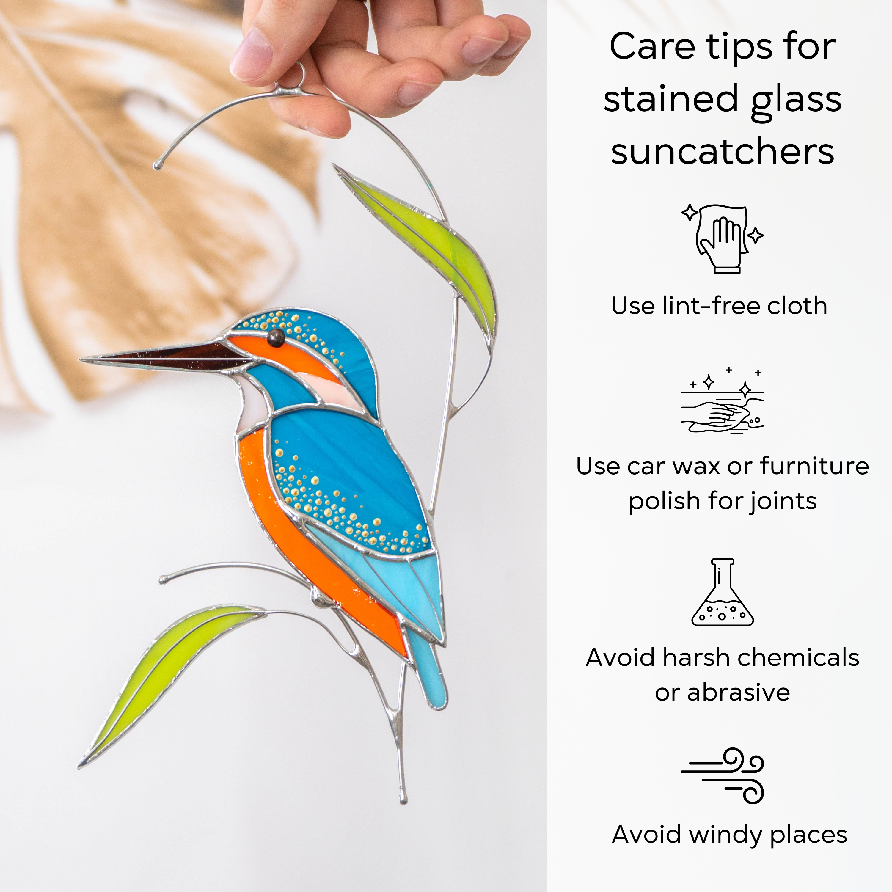 Infographic with cleaning and care instructions for stained glass kingfisher decor: use lint-free cloth, polish joints with car wax or furniture polish, avoid harsh chemicals, and windy places.
