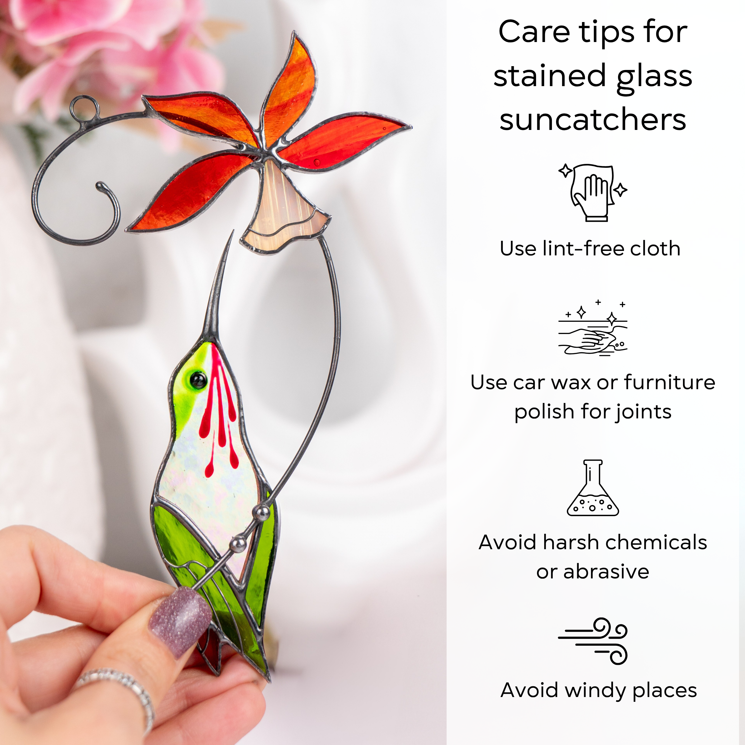 Stained glass hummingbird decor shown with maintenance instructions and care icons: use lint-free cloth, use wax polish for joints, no harsh cleaners, avoid wind.