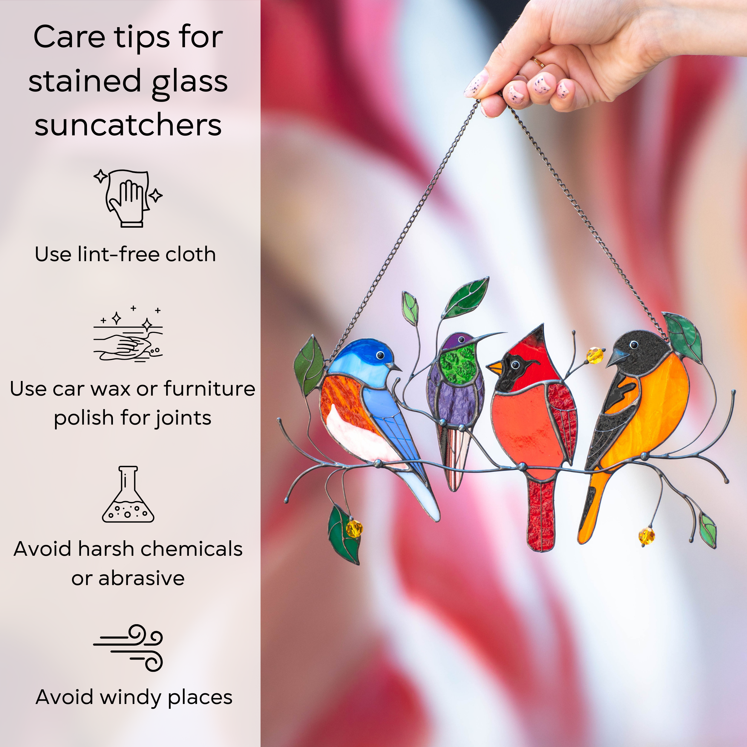 Four stained glass birds hanging on a chain outdoors, infographic with care tips listed on the right.