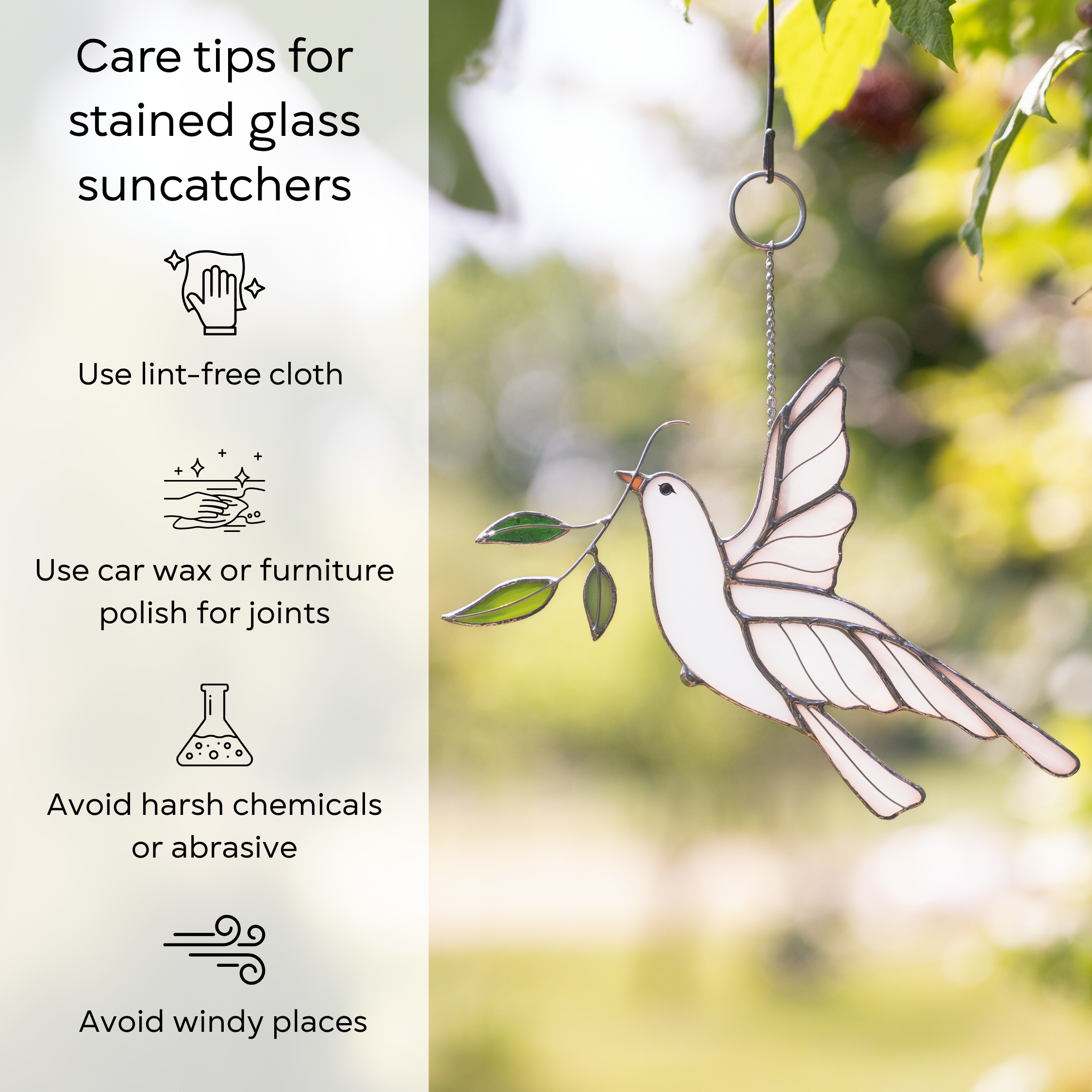 Hands holding white dove suncatcher beside care tips: use lint-free cloth, polish joints with car wax or furniture polish, avoid harsh chemicals, and windy places.