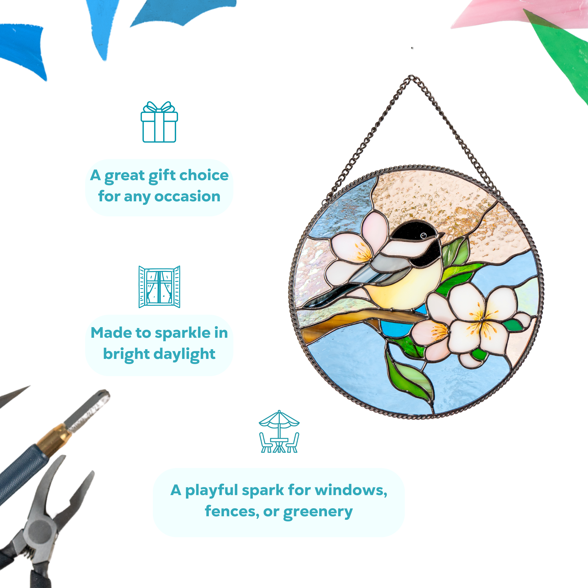 Stained glass panel with chickadee, floral design, and labeled benefits: gift-worthy, bright sparkle, fits window or fence