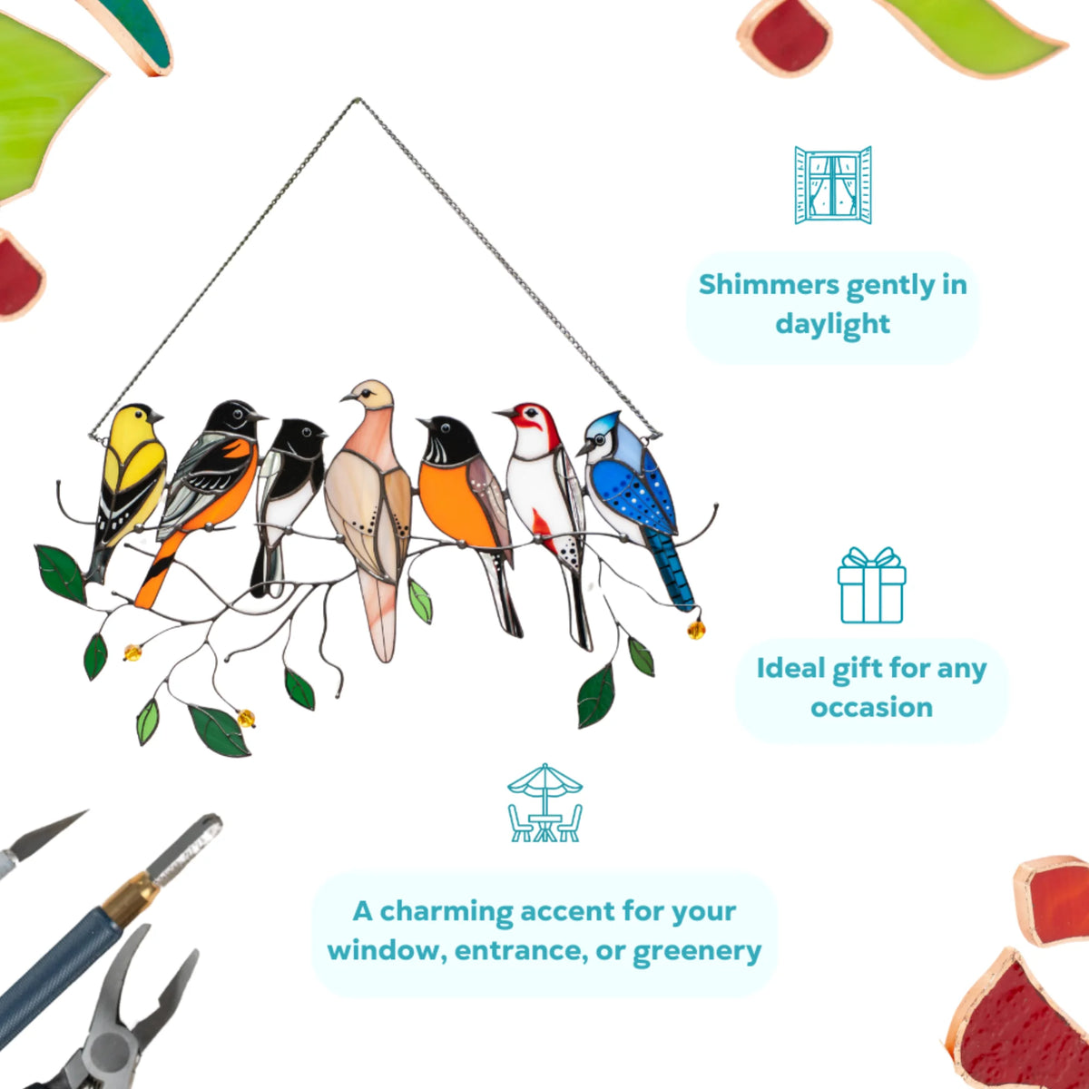 Infographic of a stained glass suncatcher with seven birds on a branch and text highlighting its sparkle, gifting potential, and decorative charm.