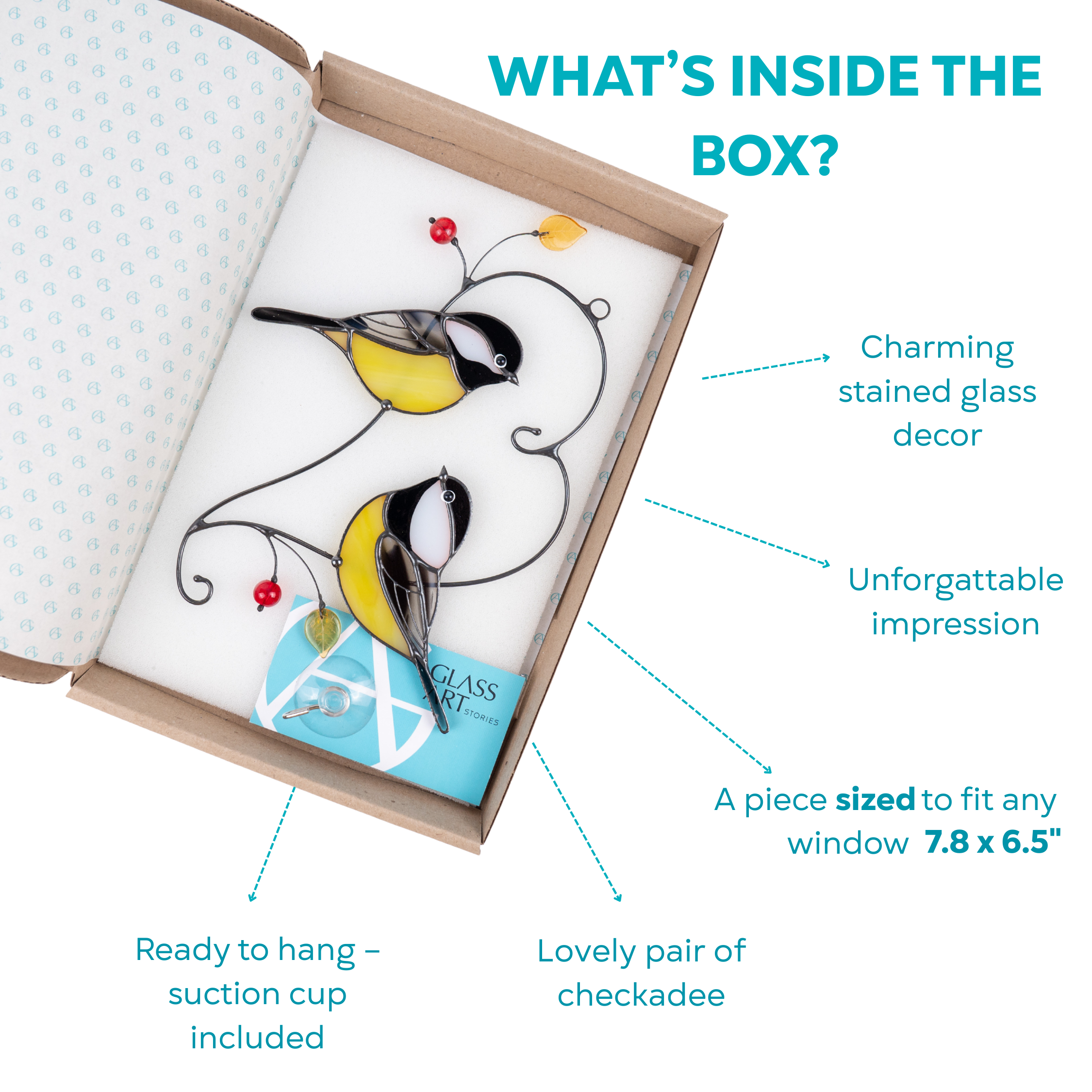 Chickadee pair stained glass suncatcher placed in branded box with suction cup and label