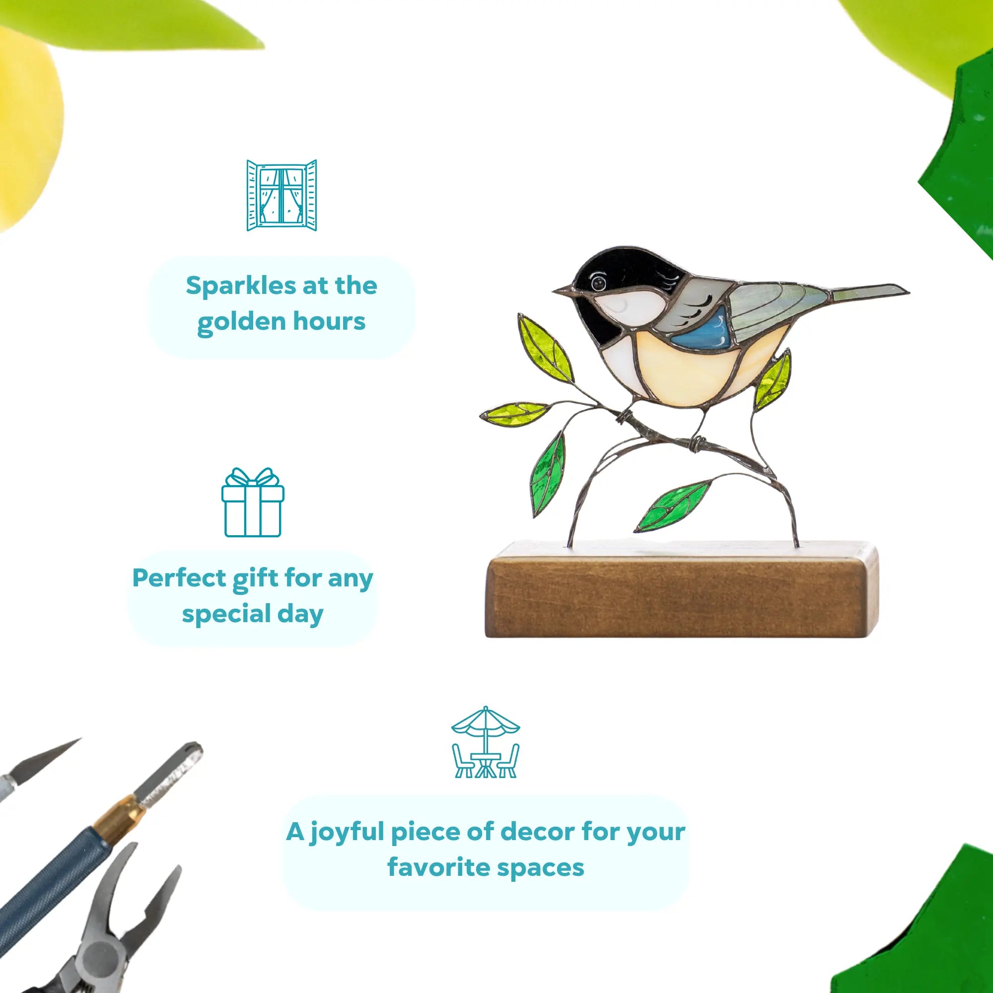 Infographic showing stained glass chickadee as gift and decor for nature lovers suggestion