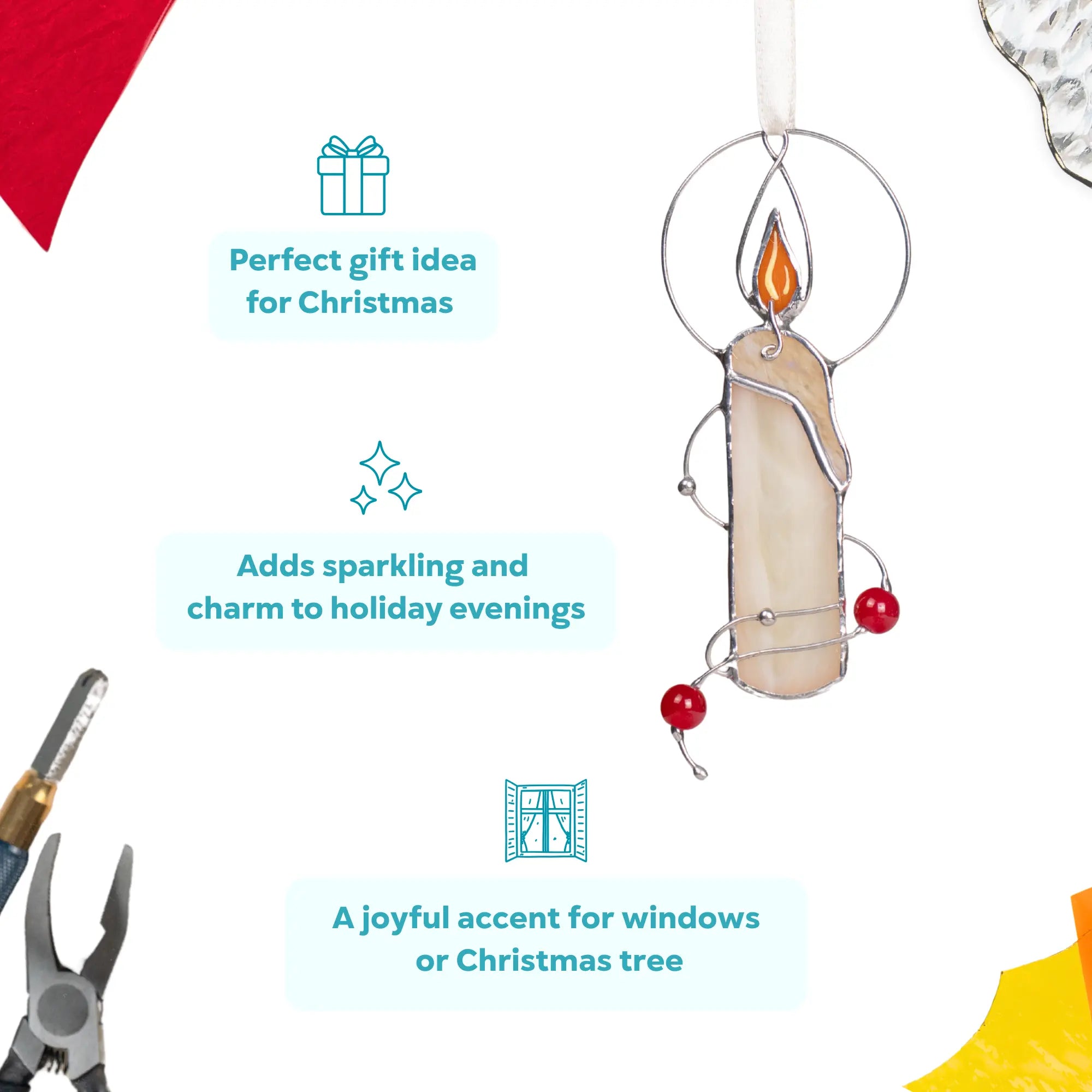 Infographic showing stained glass candle ornament with orange flame and red beads, perfect gift idea for Christmas